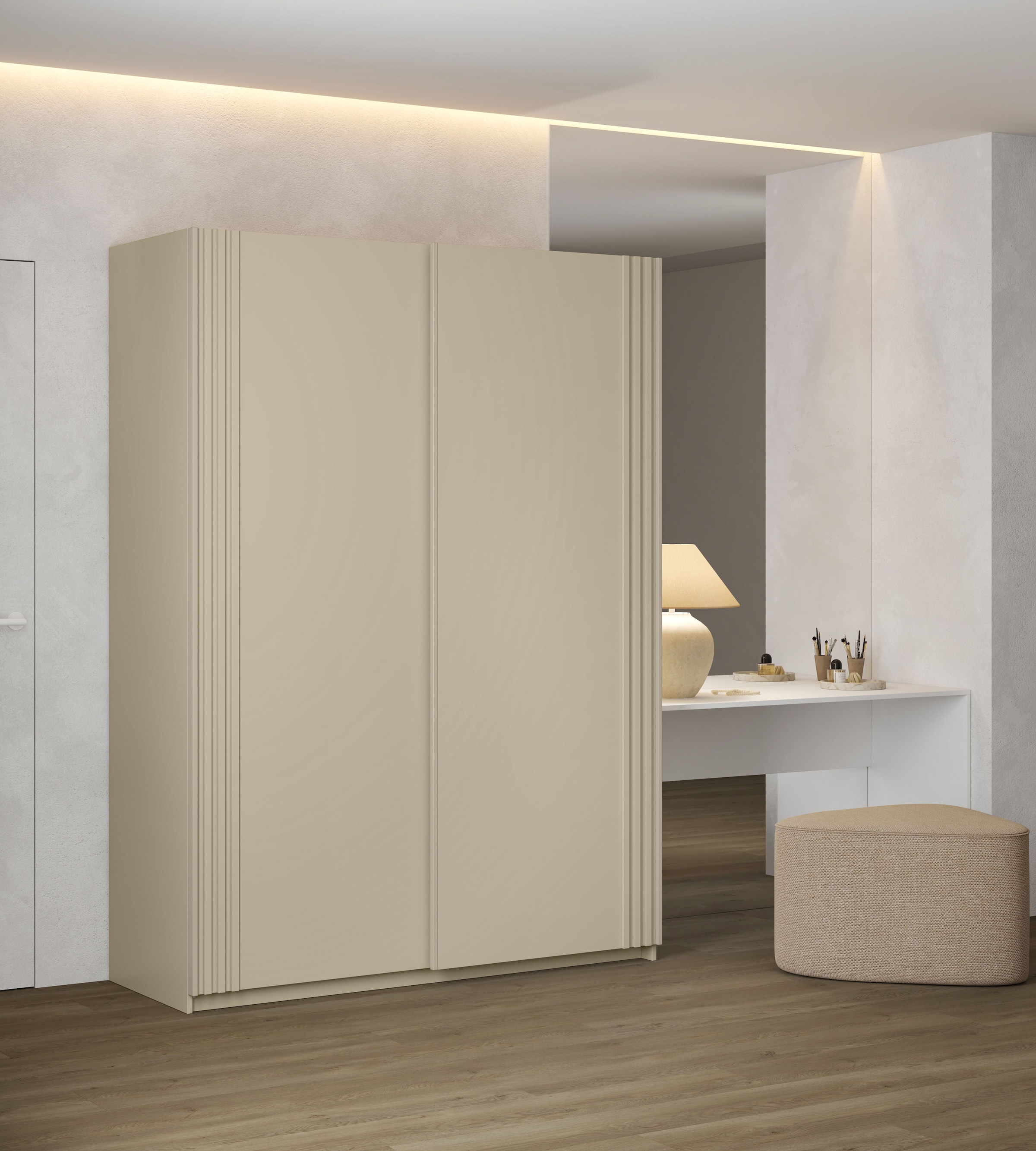Home affaire Schwebetürenschrank »Niva, Garderobenschrank incl.kompletter Innenausstattung«, Moderner Kleiderschrank, Schiebetürenschrank, Lamellen, Wäscheschrank