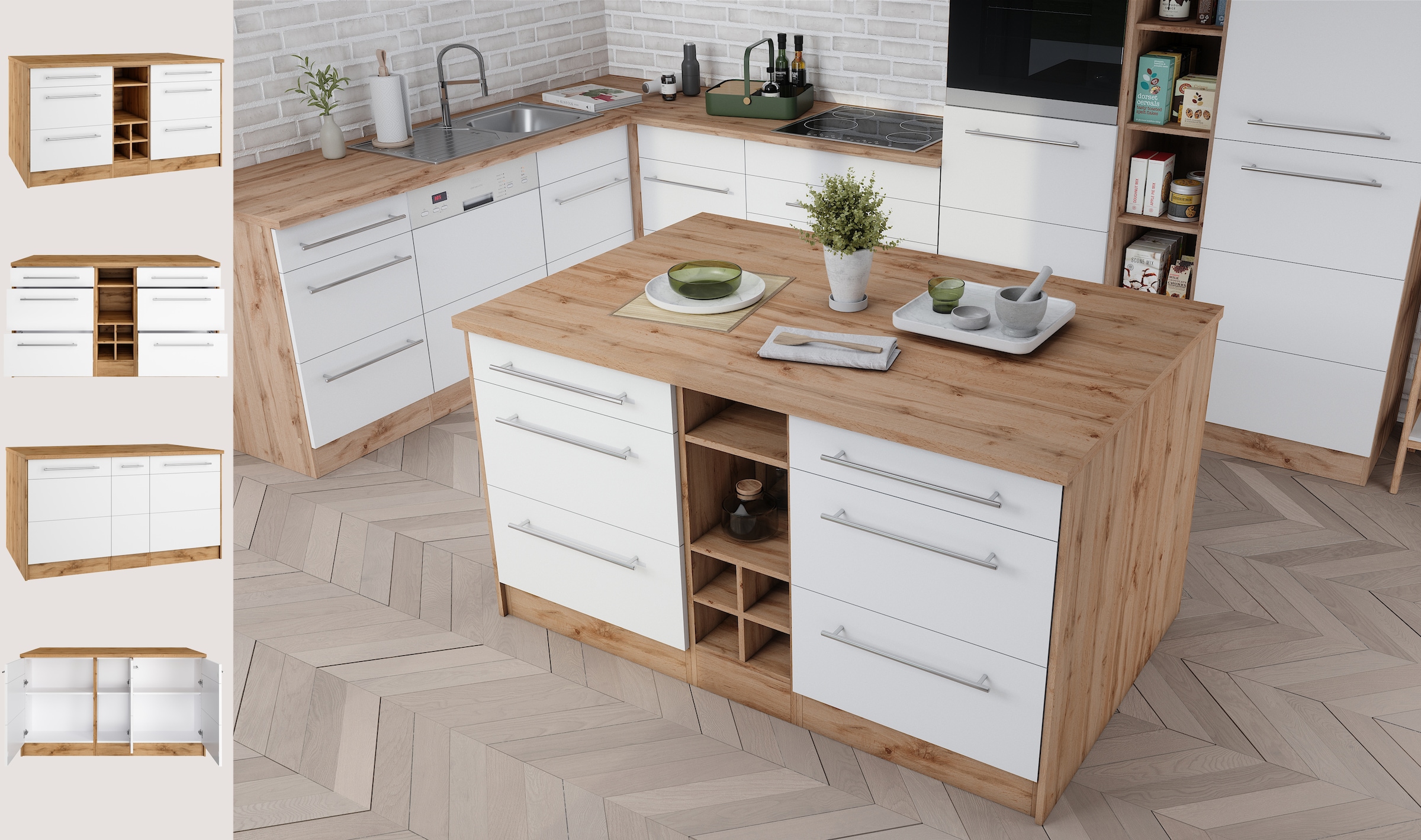 KOCHSTATION Kücheninsel »KS-Wien« Breite 153 cm, MDF-Fronten, Flaschenregal