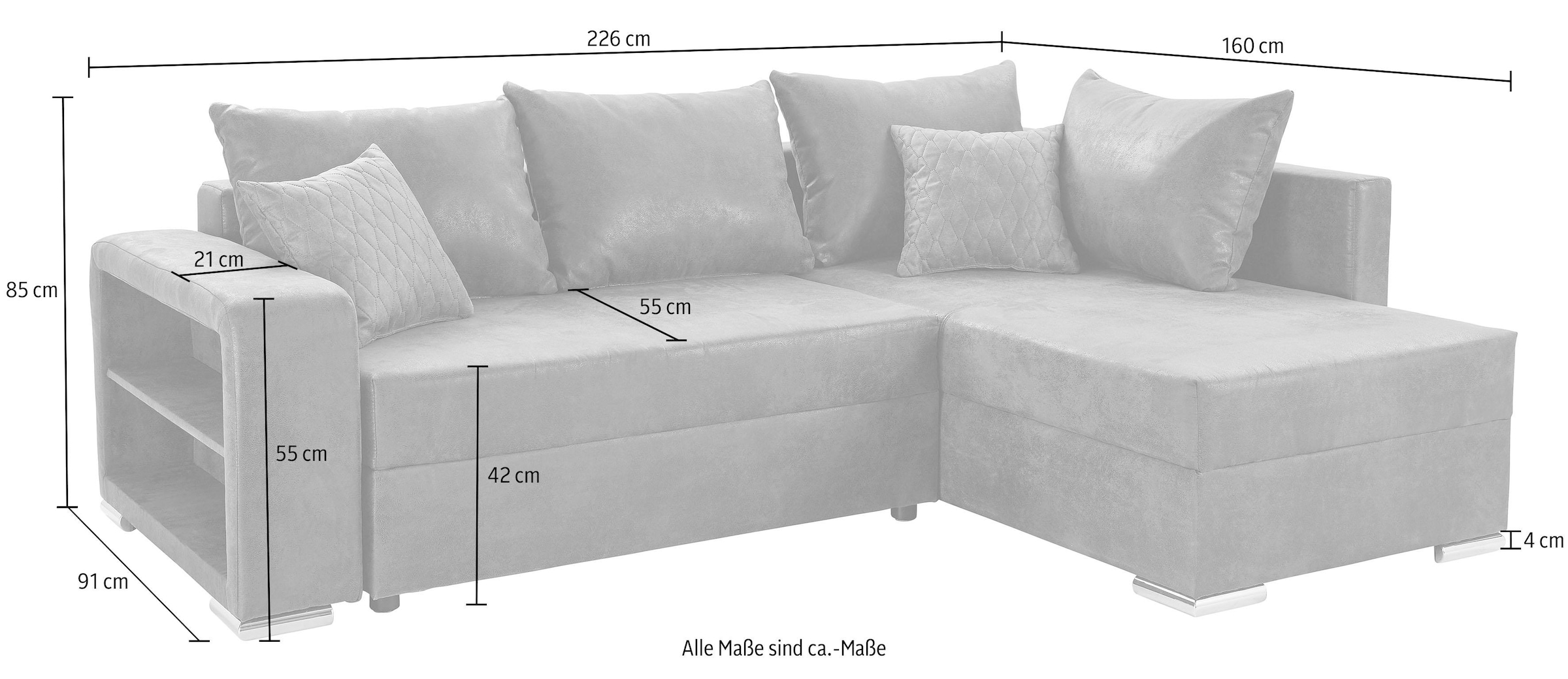 COLLECTION AB Ecksofa »John L-Form, B: 226 cm« Schlaffunktion, Bettkasten, Regalelement & 2 Zierkissen, Federkern