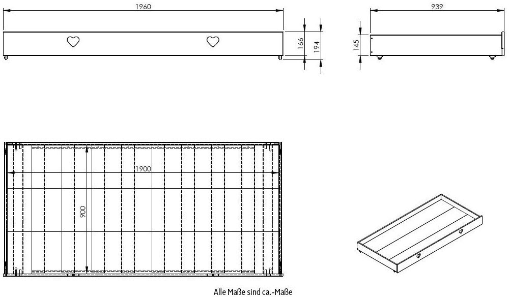 Vipack Bettschubkasten »Amori« Made in Europe,  Bettschublade auf Rollen für das Hausbett Amori, Innenmass 90 x 190 cm
