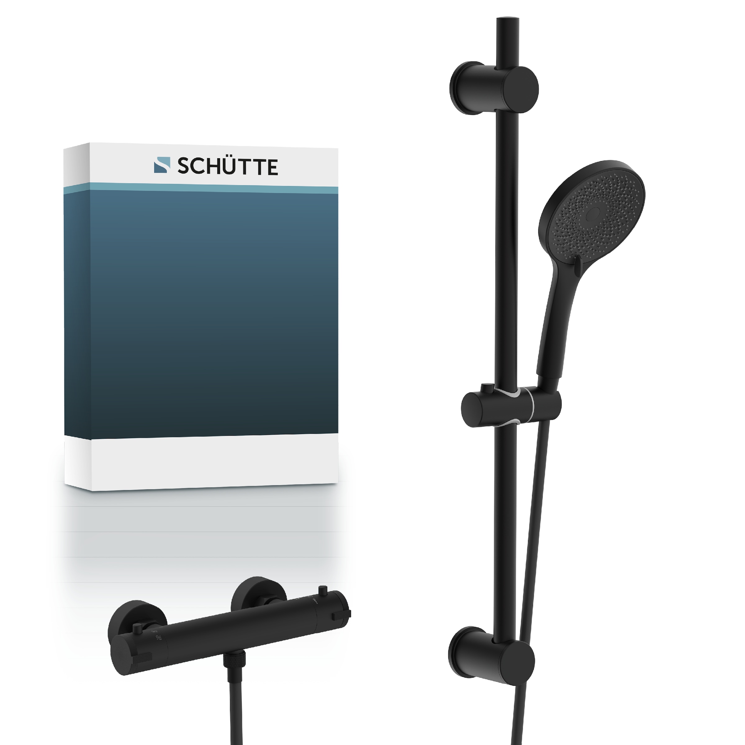 Image of Schütte Duschsystem "BLACK" Überkopfbrauseset mit Thermostat, höhenverstellbar