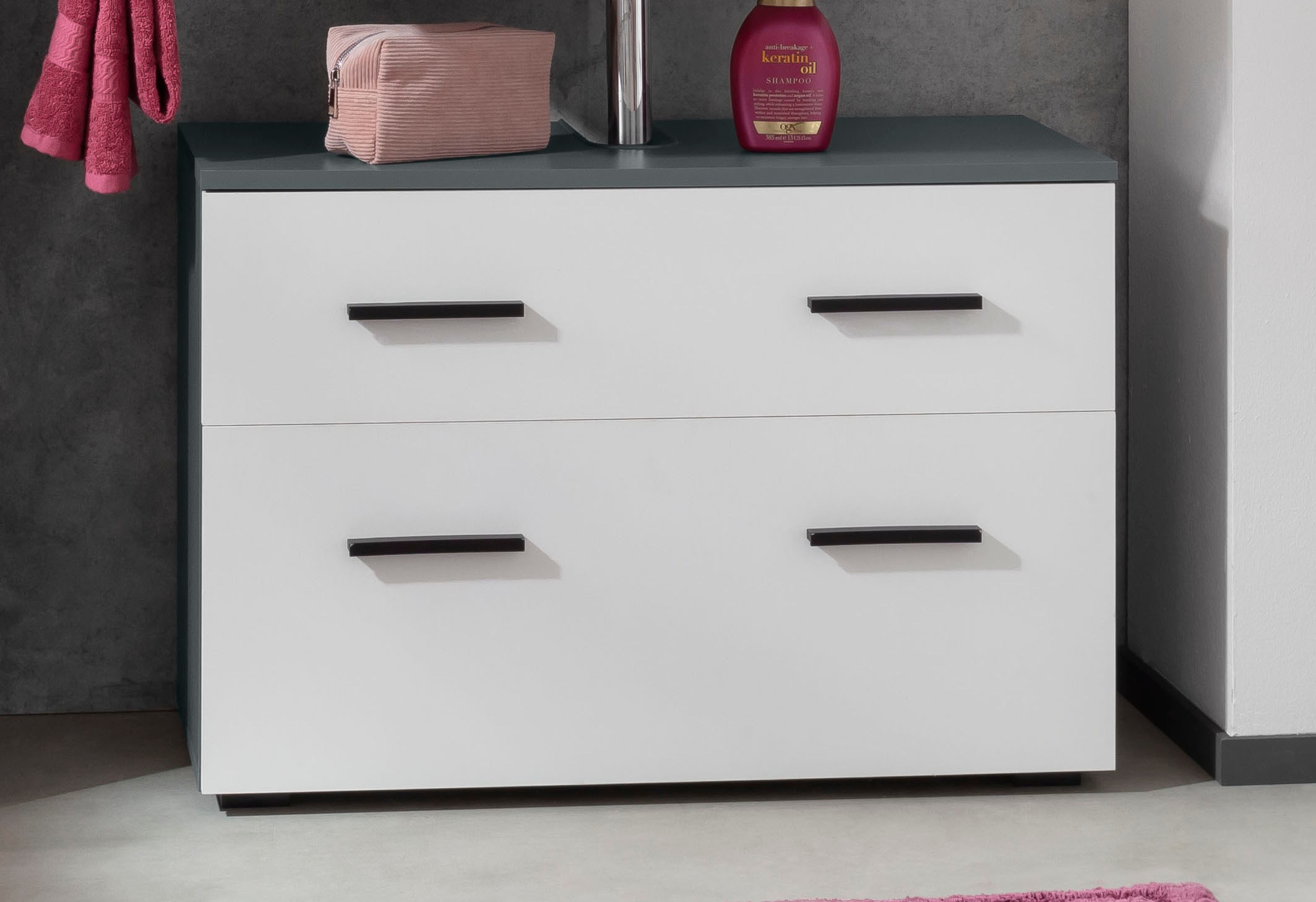 welltime Waschbeckenunterschrank "Skara" mit Klappe und Schubkasten, schwarze Griffe, Breite 80 cm, Höhe 55 cm