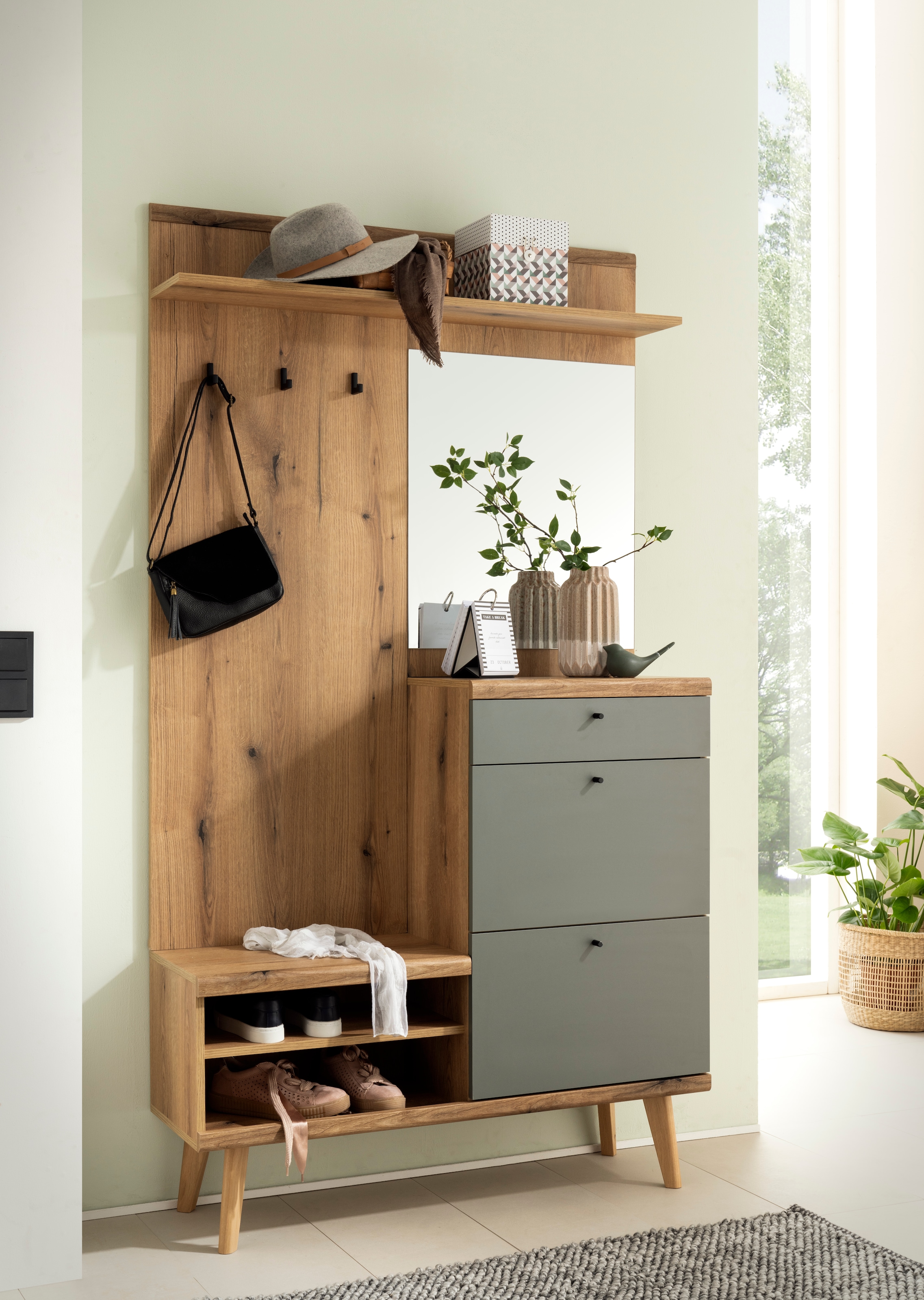 Image of Home affaire Kompaktgarderobe "Mavas, Garderobe, Garderobenschrank, ScandicDesign, Evoke Eiche/Salbei" ausreichend Stauraum, für kleine Räume geeignet, 110 cm breit
