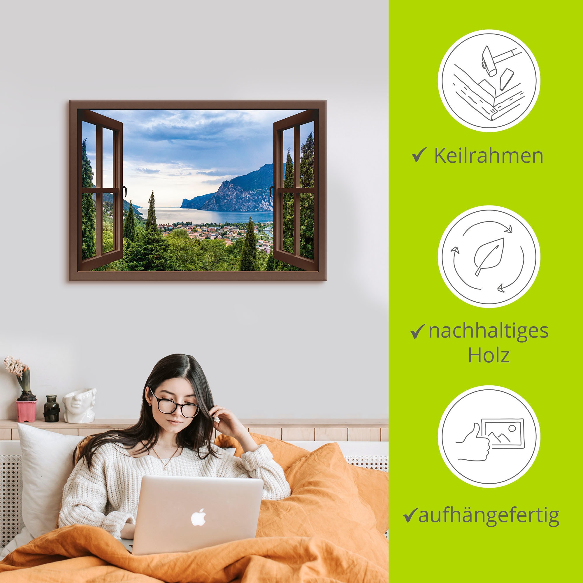 Artland Fresque murale »Gardasee durchs braune Fenster« 1 cuis tlg. als Alubild, Leinwandbild in verschied. Grössen