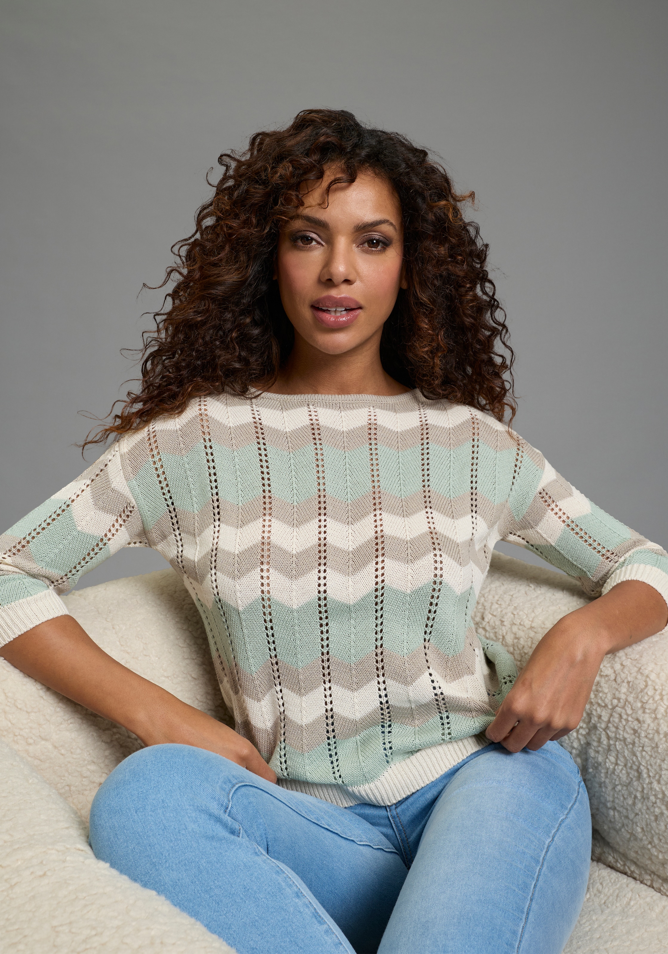 Image of Laura Scott Strickpullover leichter Übergangspullover mit Ajourmuster und 3/4 Ärmeln