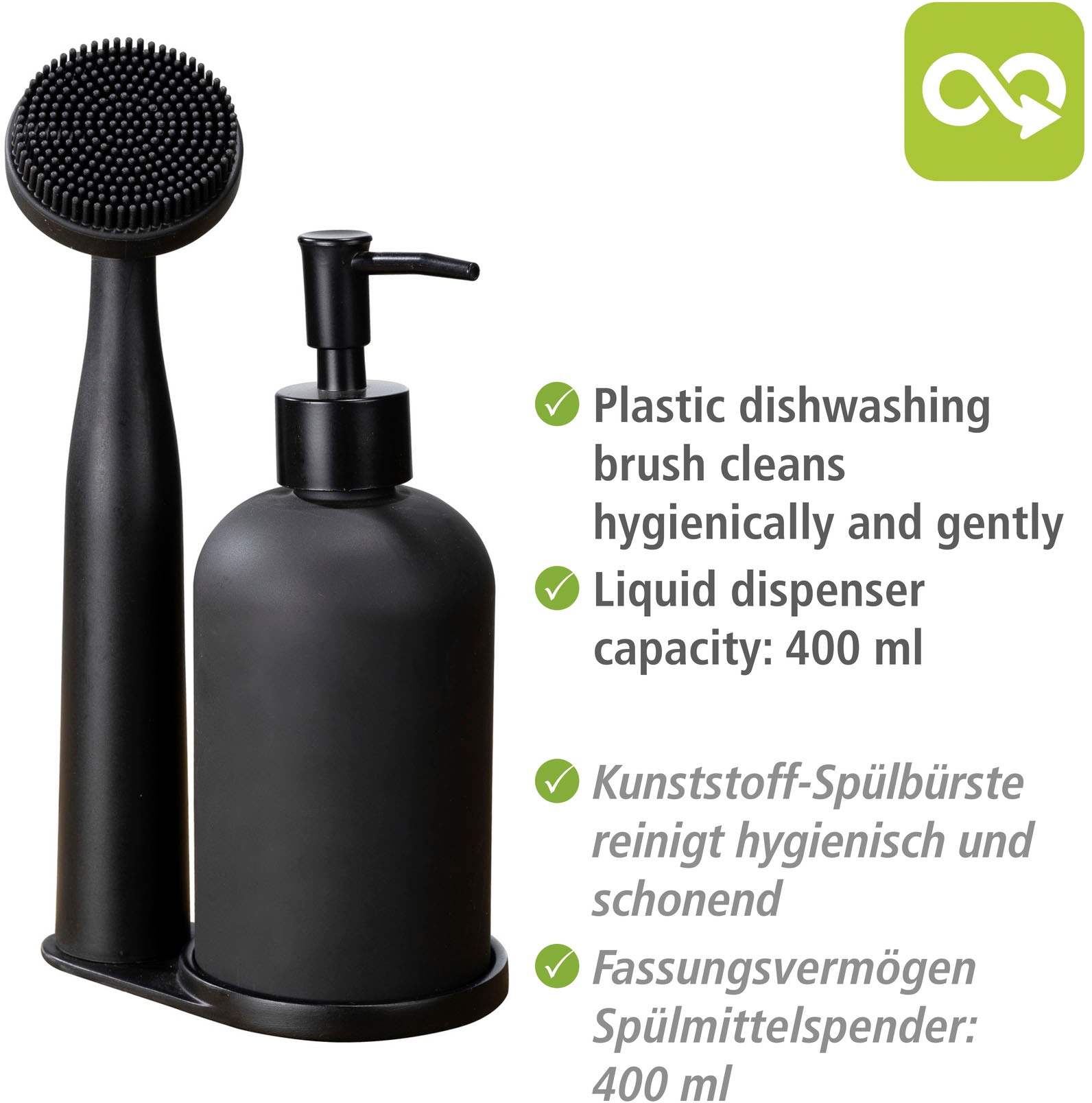 WENKO Spülmittelspender »Piedo«, (Set, 3 tlg.), inkl. Spülbürste mit Halterung, Glas/Polyresin