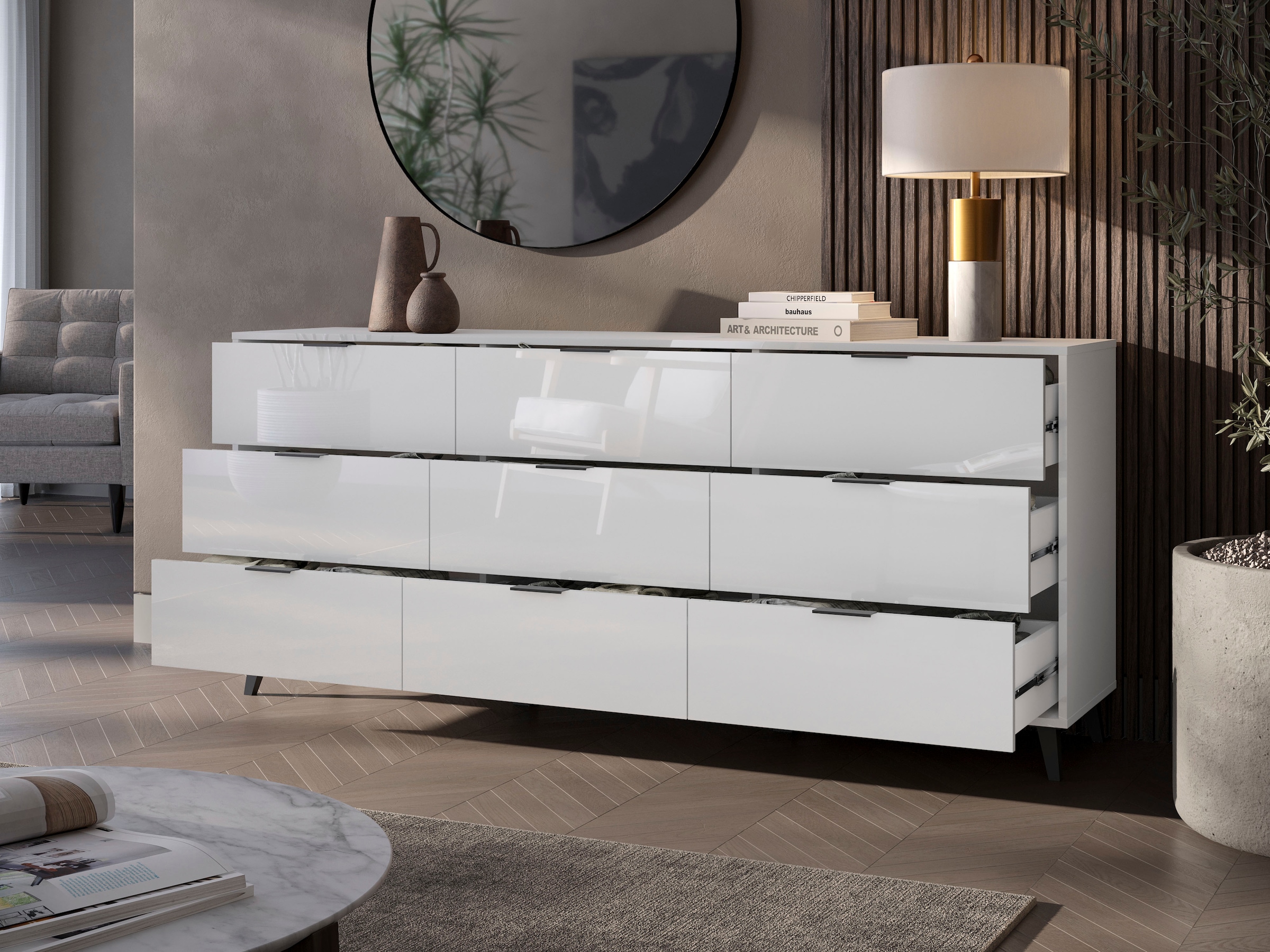 GOODproduct Buffet »Oslo, B/H/T: 180/76/39,5 cm« 9 tiroirs, poignées noires en métal, beaucoup d'espace de rangement