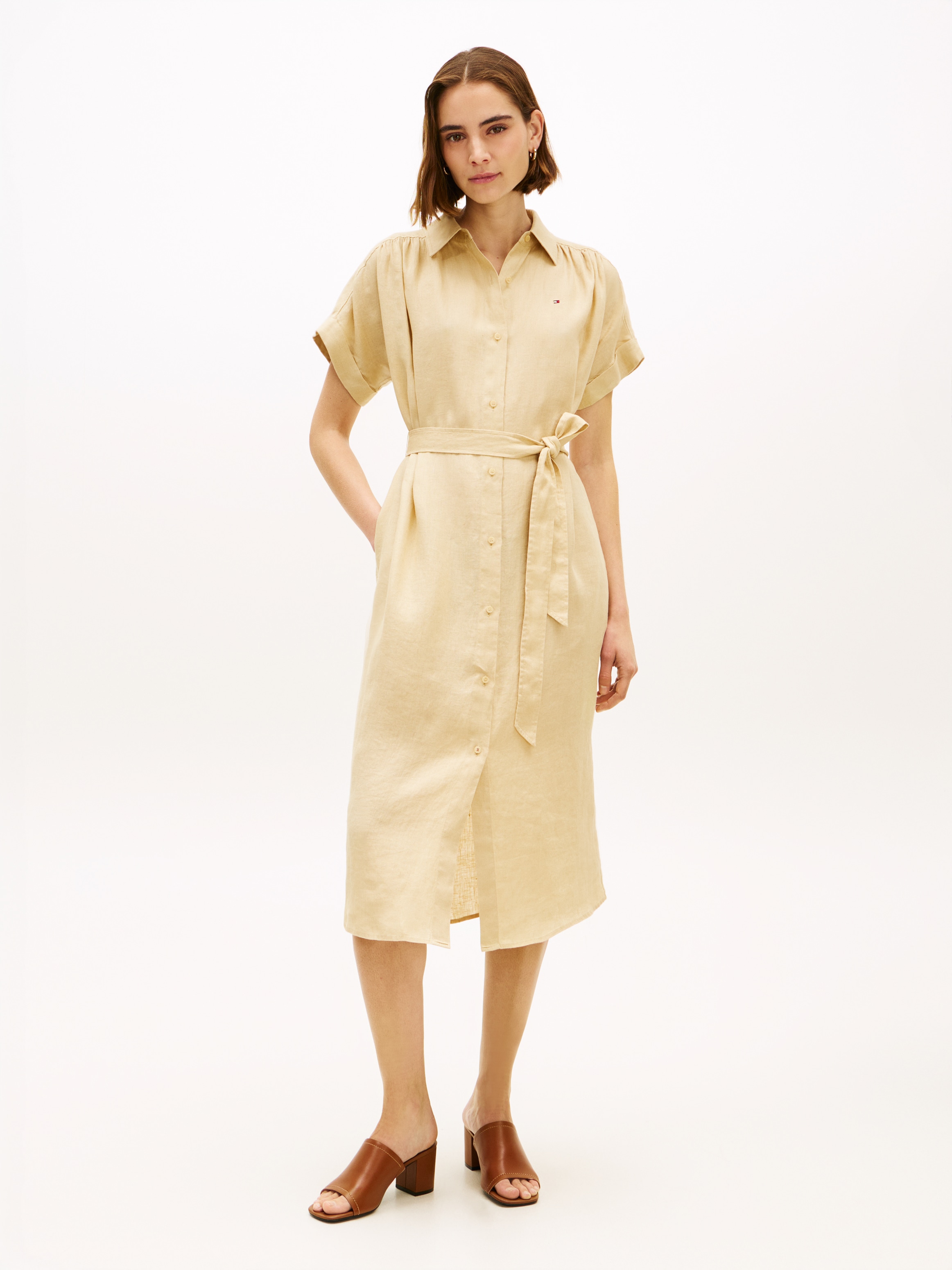 Image of Tommy Hilfiger Hemdblusenkleid "LINEN BELTED KNEE SS SHIRT DRESS" doppelte Eingrifftaschen mit Bindegürtel