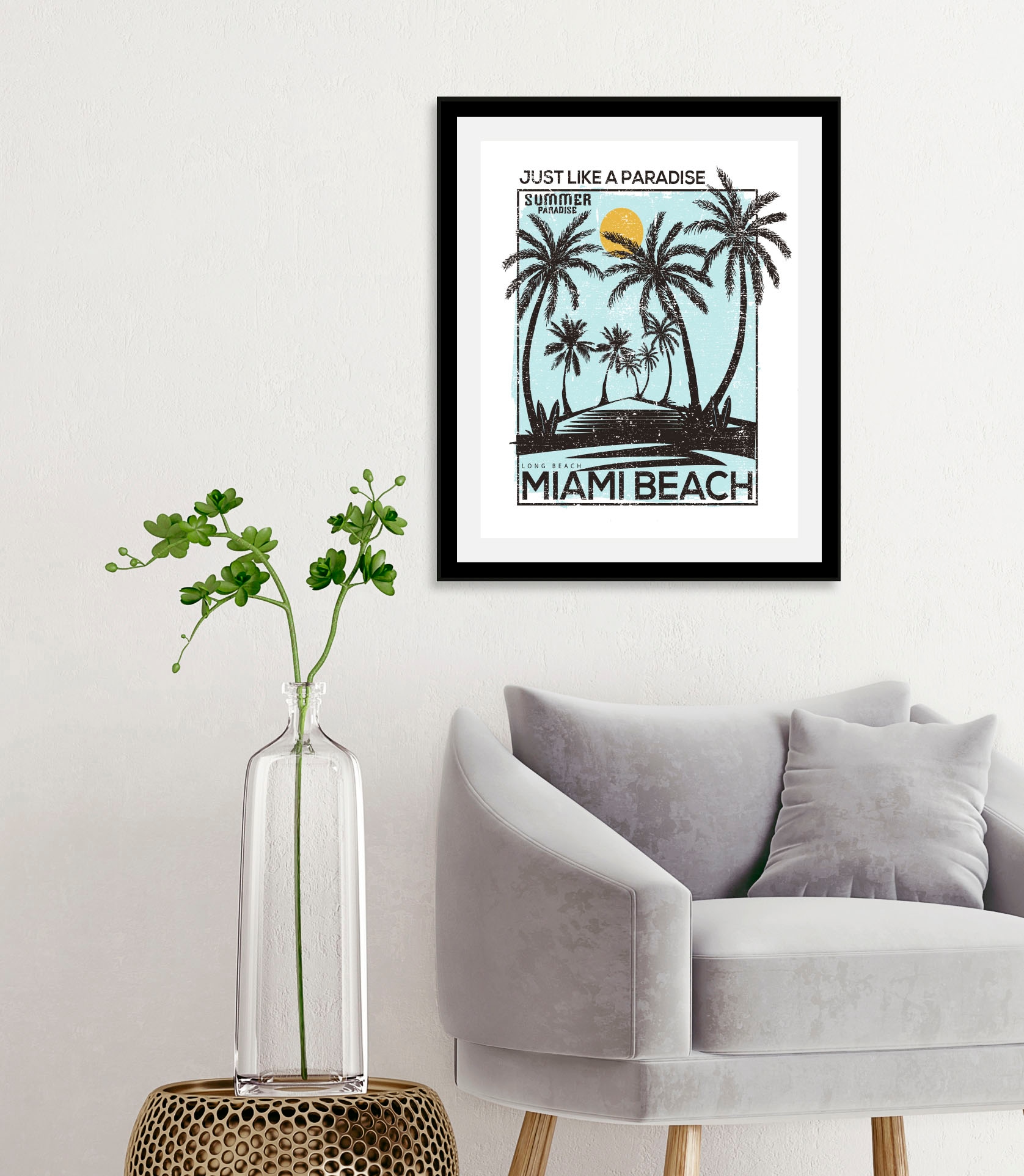 Image of queence Bild "Miami Beach" Himmel Palmen Schriftzug Sprüche & Texte 1 Stk. tlg. gerahmt