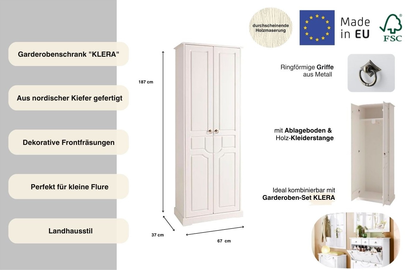 GOODproduct Armoire vestiaire »Klera« Breite 67 cm, aus massiver Kiefer, FSC®-zertifiziert