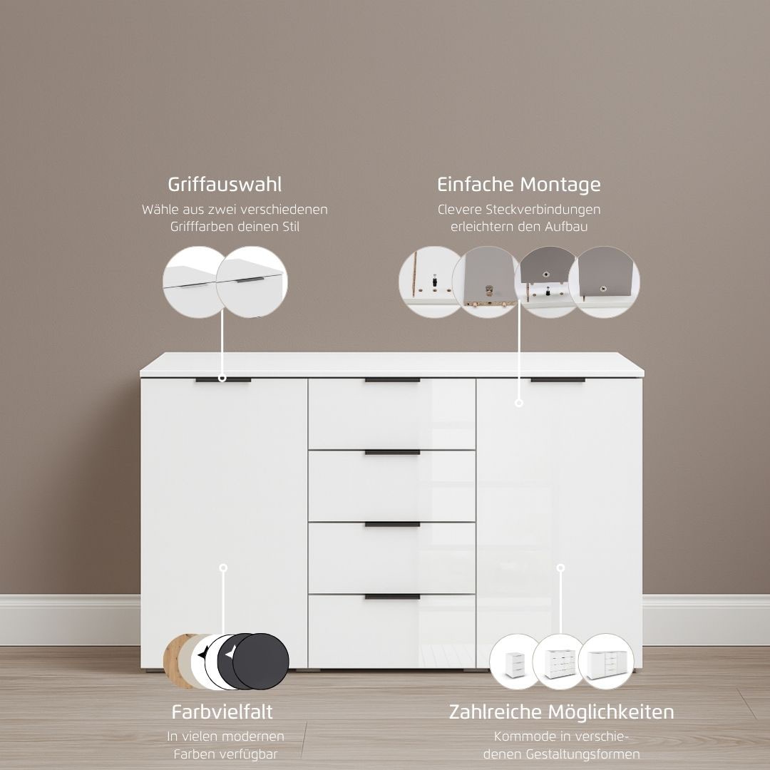 GOODproduct Kombikommode »Sideboard Kombikommode Schubladenkommode AGORDO mit Glasfront« in zwei Griff-Farben, Breite 120 cm,  vier grosse Schubladen, mit insgesamt 4 Einlegeböden MADE IN GERMANY