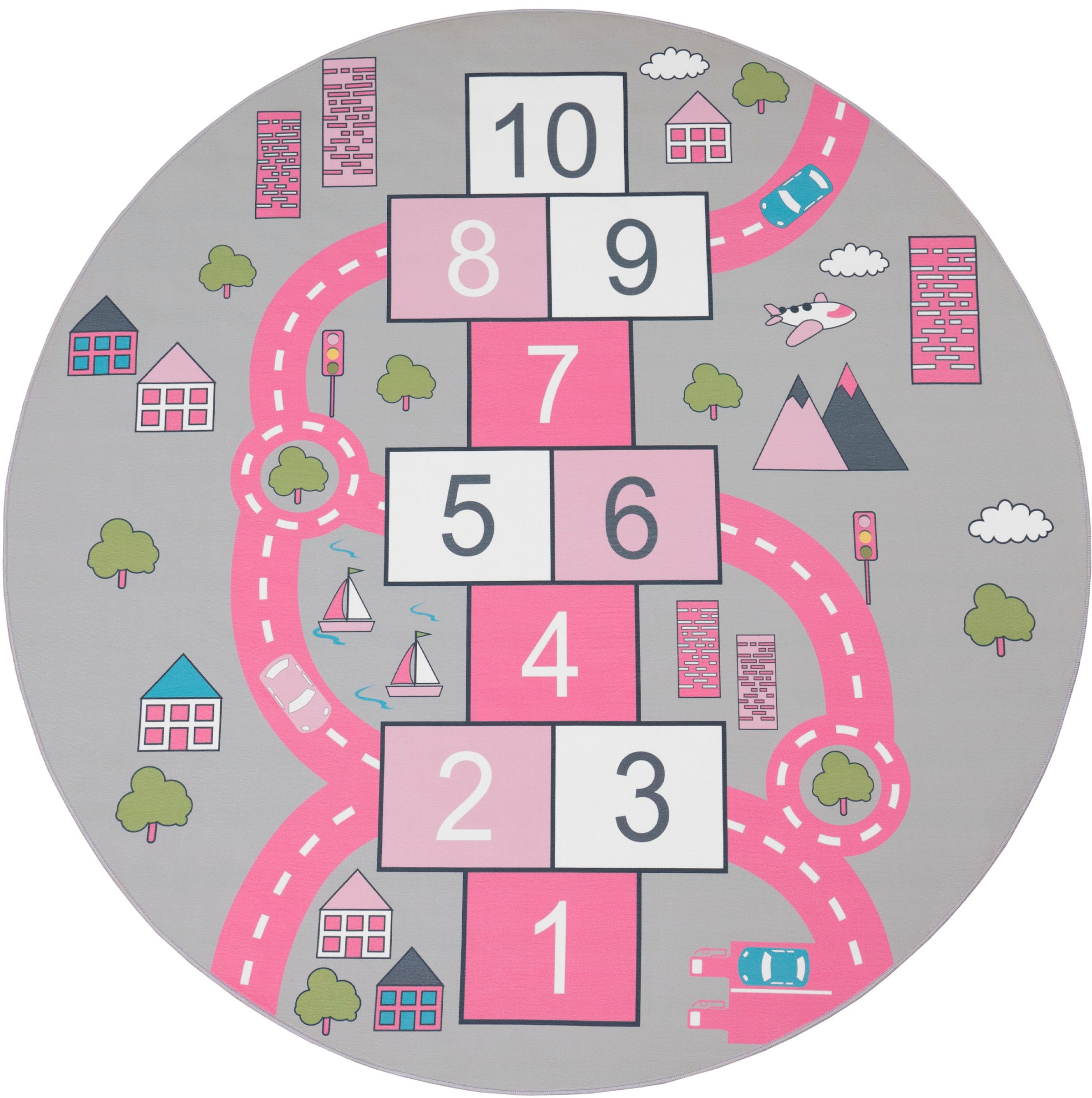 Image of Paco Home Kinderteppich "Bino 569" rund 4 mm Höhe Kurzflor, Strassen-Spiel-Teppich & Spielmotiv Hüpfkästchen