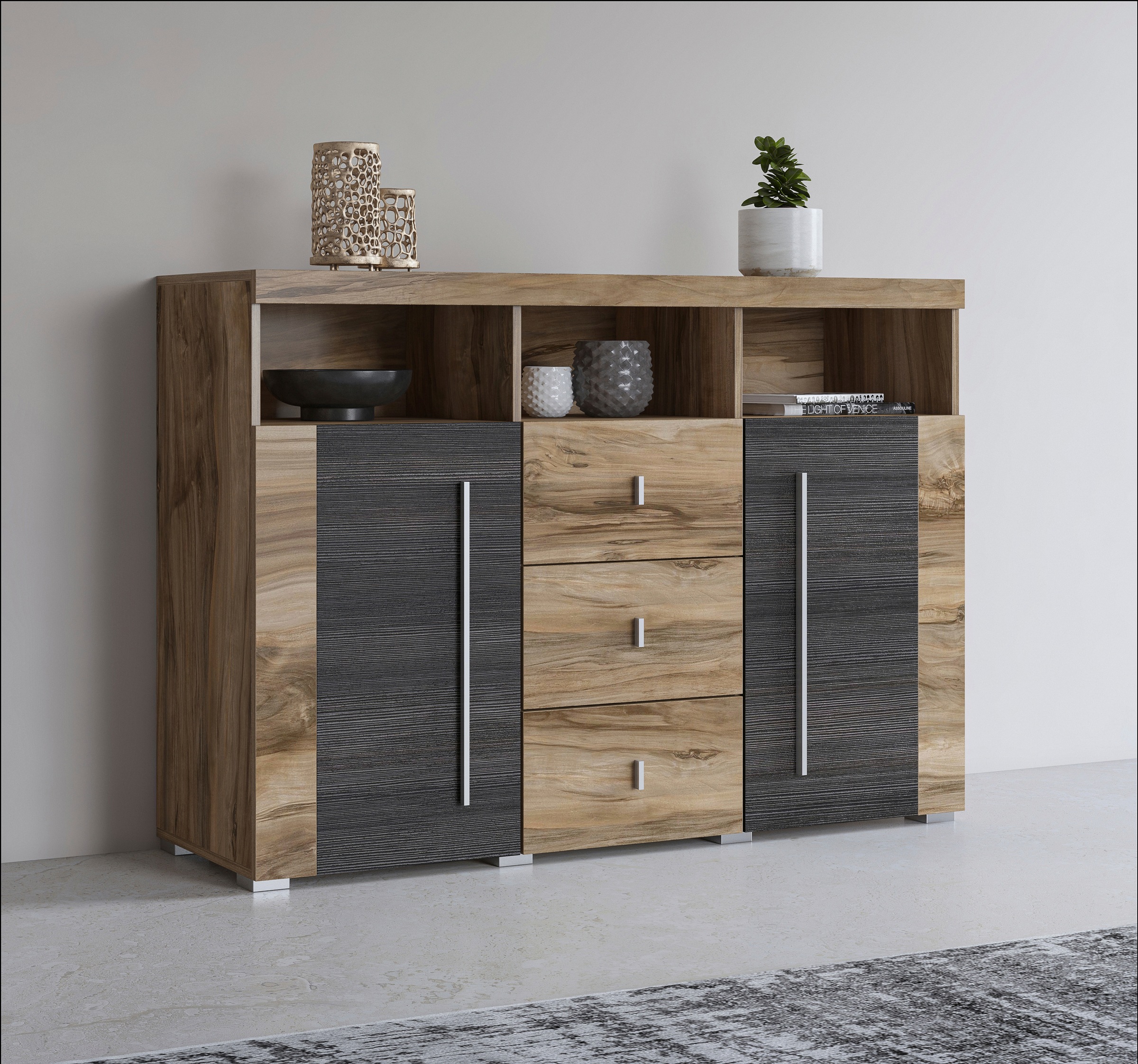 Image of GOODproduct Sideboard "Roger,Breite 132cm, stilvolle Schrank, 2 Holztüren 3 Schubladen" Kommode mit viel Stauraum, Einlegeböden verstellbar