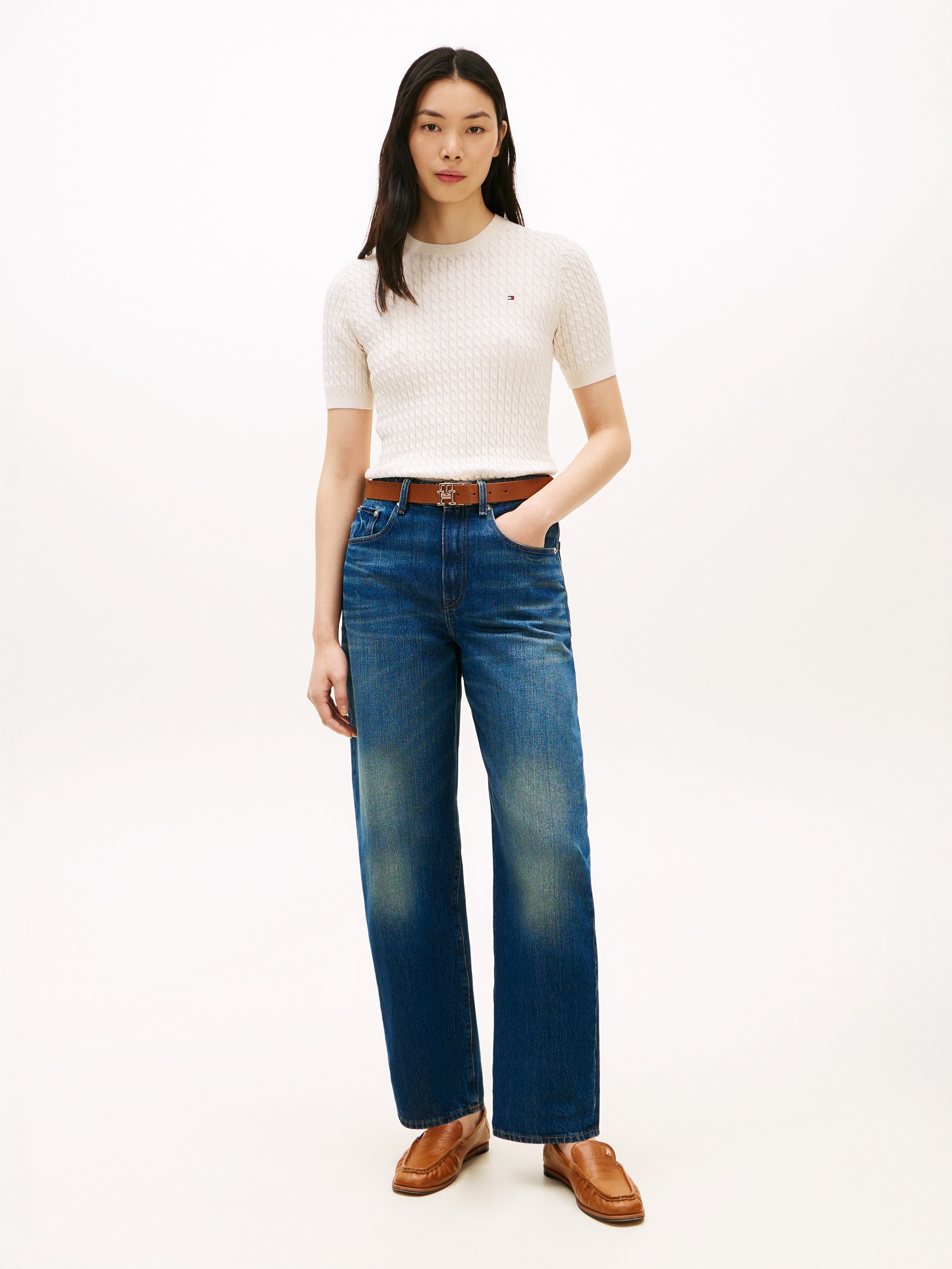 Tommy Hilfiger Pull à manches courtes »CO CABLE RWB C-NK SS SWT« coton, avec motif torsadé