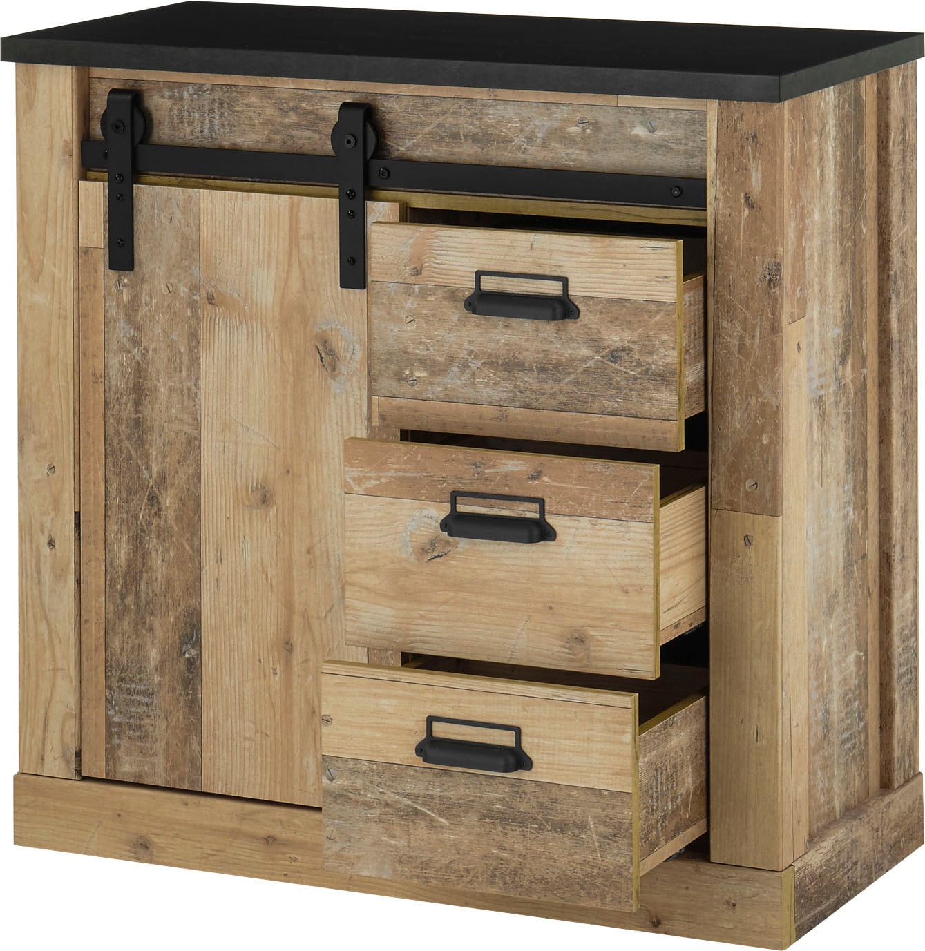 Home affaire Wohnwand »SHERWOOD«, (4 St.), mit Scheunentorbeschlag, Apothekergriffe aus Metall, Breite ca. 388 cm