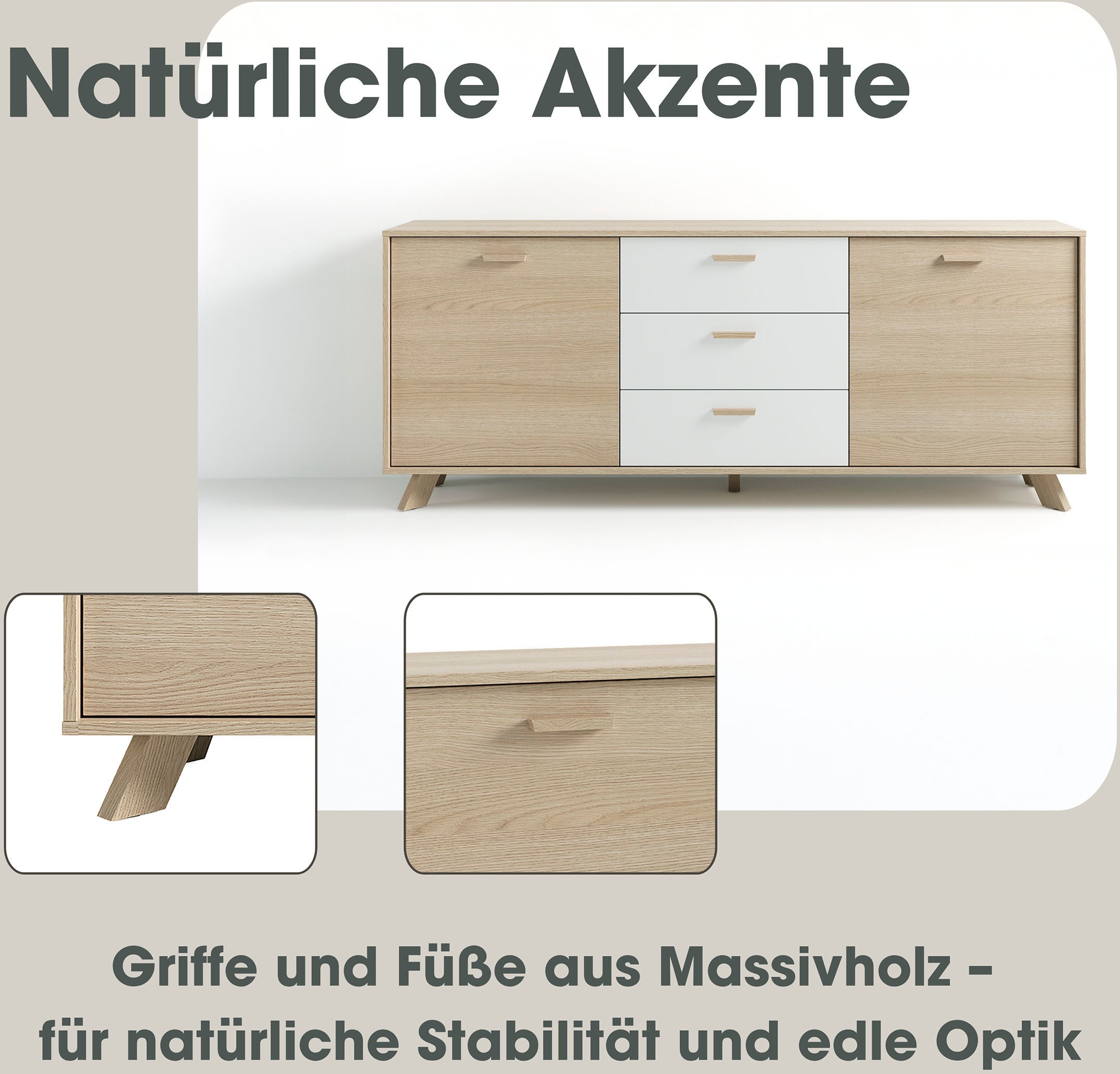 byLIVING Sideboard »Bastian« 1 cuis tlg. mit massiven Holzfüssen und Griffen, natürlicher Eichenlook, 180cm