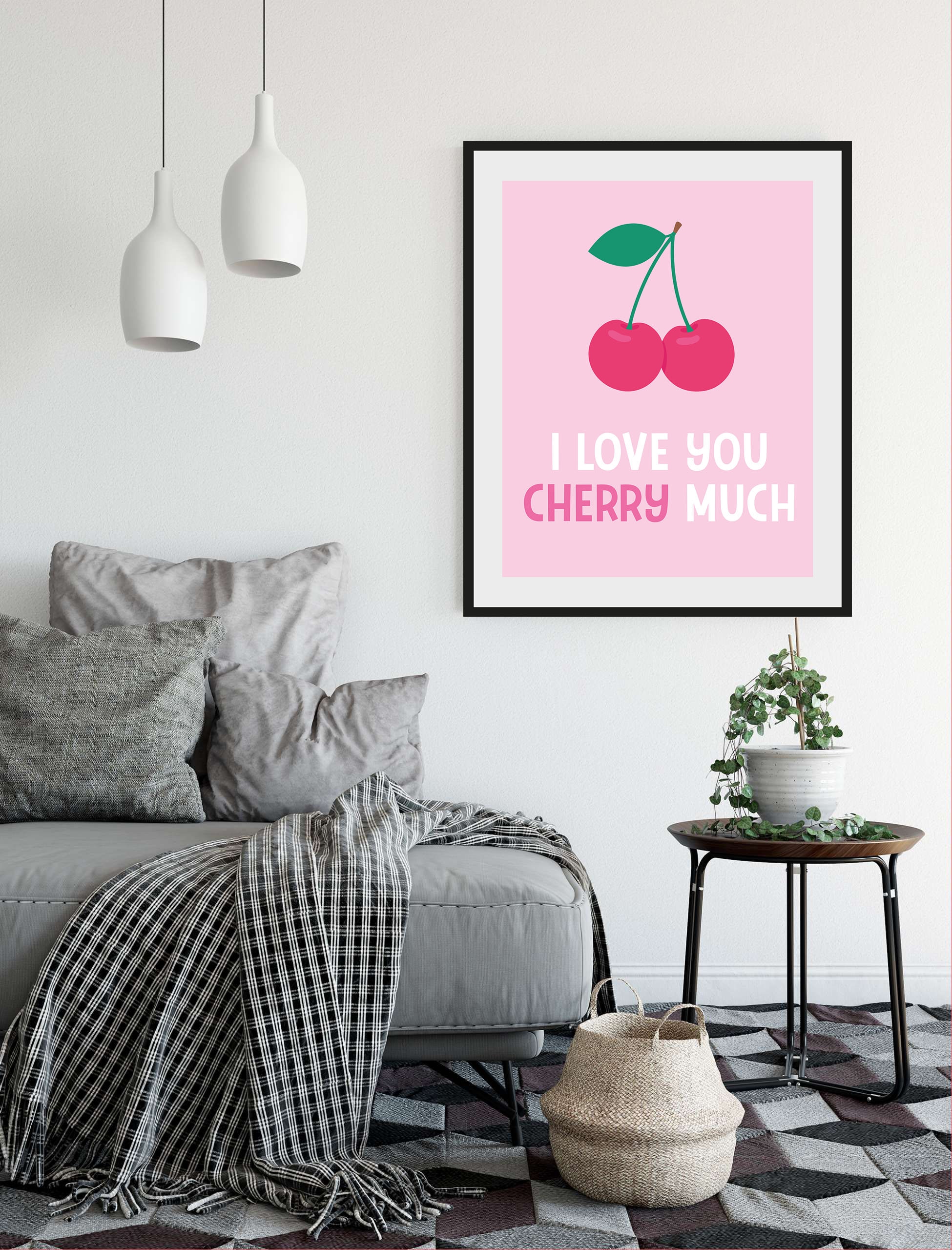 Image of queence Bild "I LOVE YOU CHERRY MUCH" Humor Liebessprüche Obst Obst Bilder Schriftzug Sprüche & Texte 1 Stk. tlg. HD Premium Poster-Druck inkl. Holzrahmen
