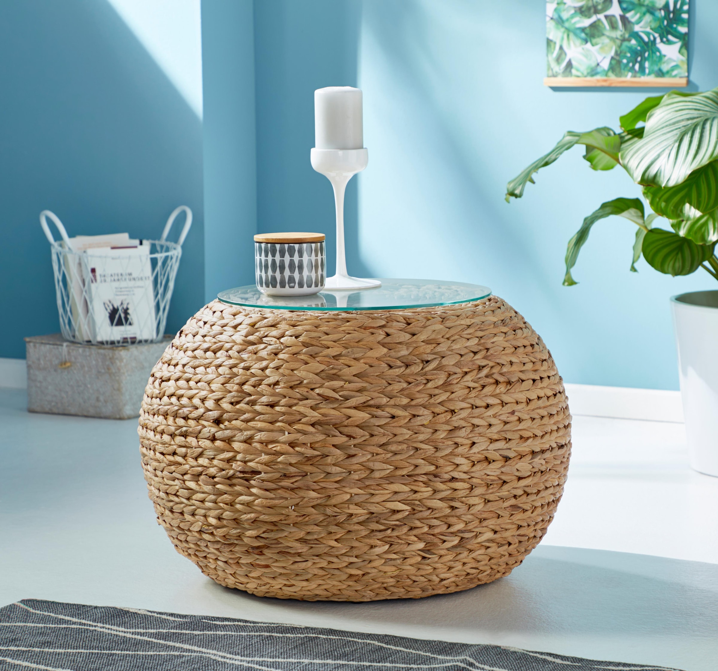 Home affaire Beistelltisch »Cedarville«, aus Wasserhyazinthengeflecht, mit Glastischplatte, Durchmesser 60 cm