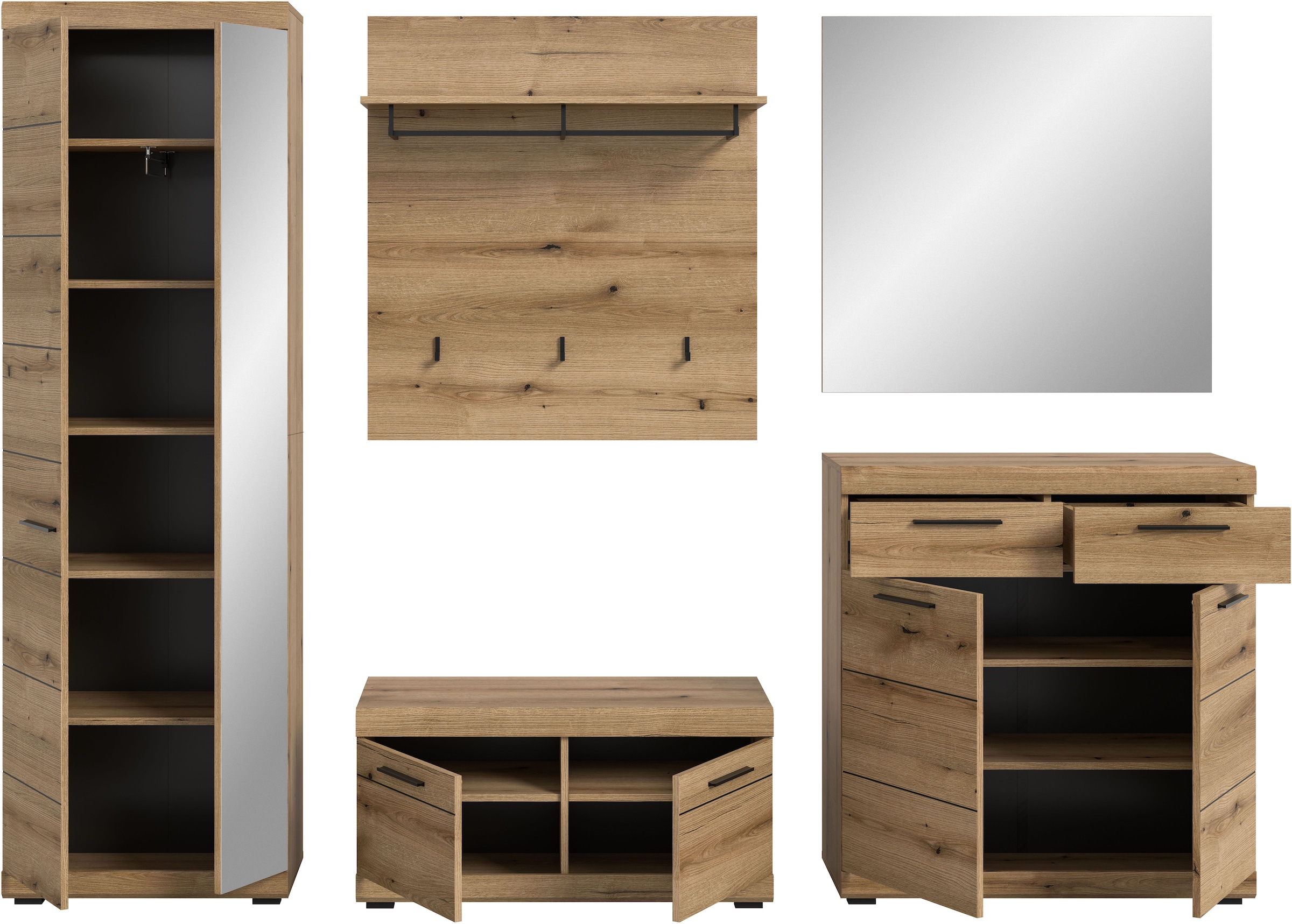 INOSIGN Garderoben-Set »SIENA, Breite 272 cm, 5-teiliges Set, individuell stellbar« Komplett-Set, best.aus: Garderobenschrank, Sitzbank, Paneel, Schuhschrank & Spiegel, 5 Stk. tlg.