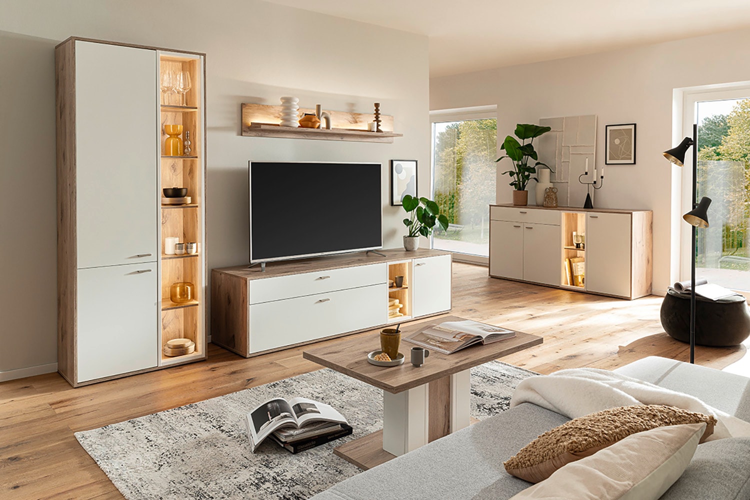 MCA furniture Table basse »SANTERNO Couchtisch mit Säule« 1 cuis tlg. Tisch, Soft White/Viking Oak, mit Säule, belastbar 50kg, Breite 95 cm