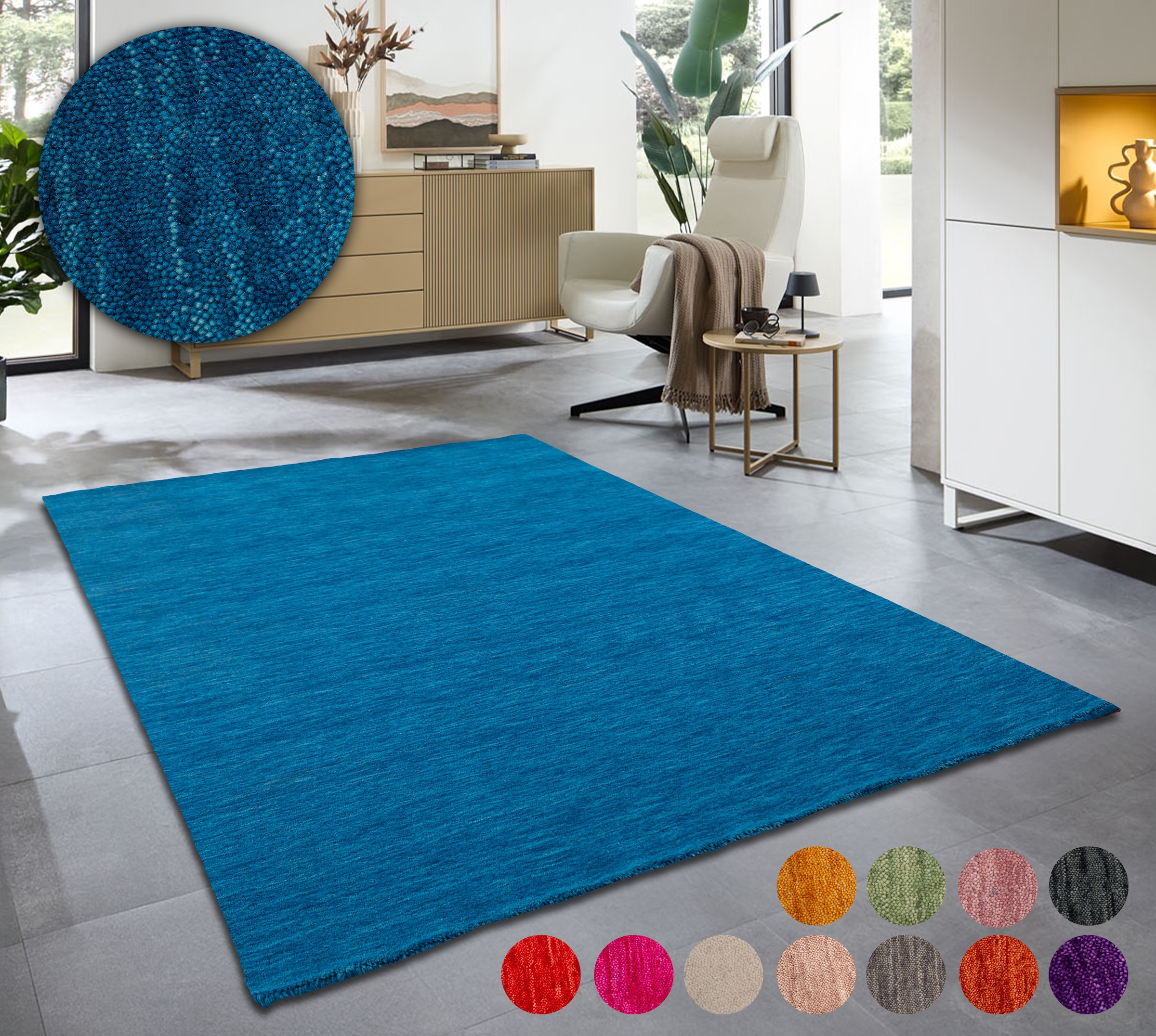 Image of THEKO Wollteppich "Holi" rechteckig 13 mm Höhe Uni-Farben, leicht meliert, reine Wolle, handgewebt mit Knüpfoptik