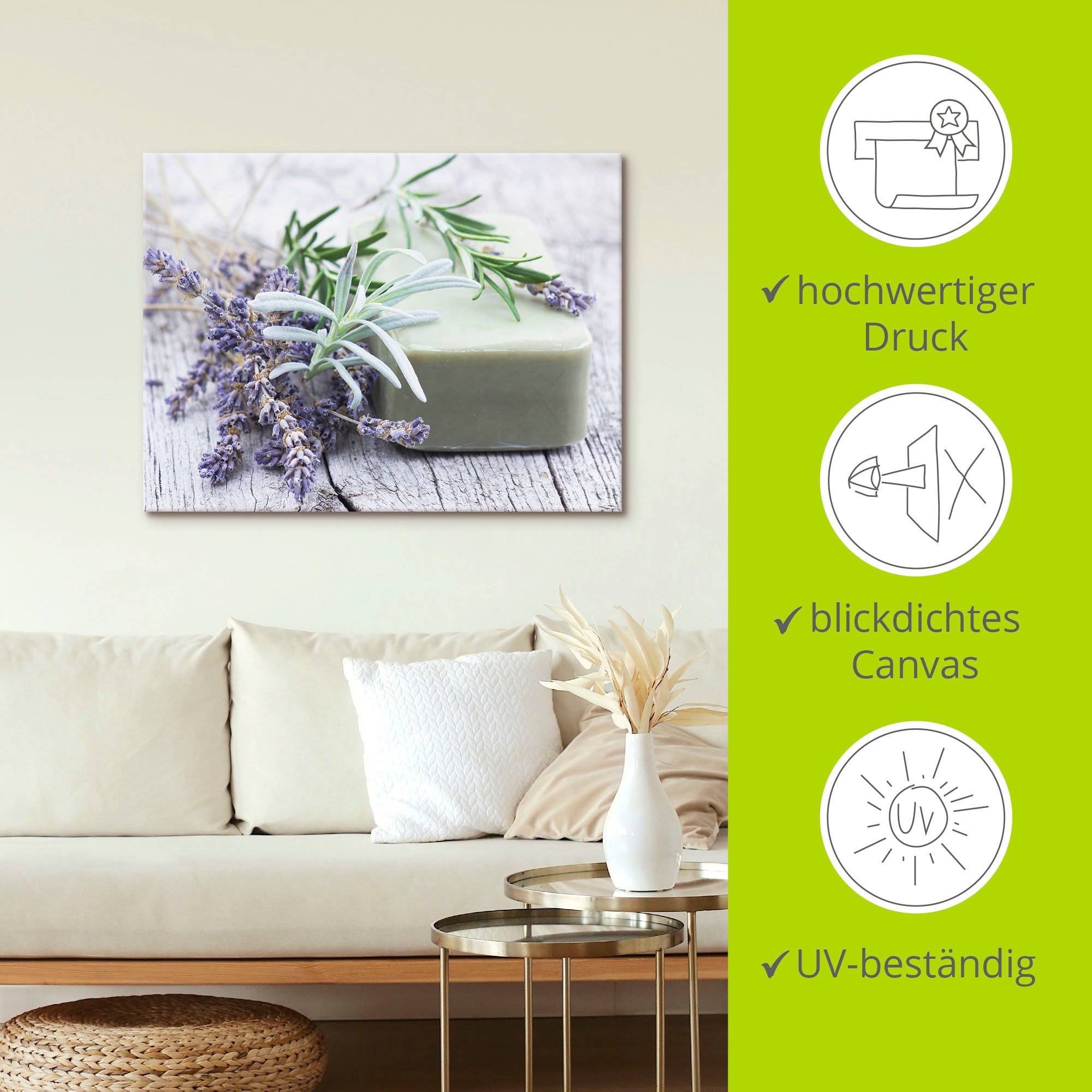 Artland Wandbild »Stück natürlicher Seife mit Kräutern«, Spa, (1 St.), als Leinwandbild, Poster, Wandaufkleber in verschied. Grössen