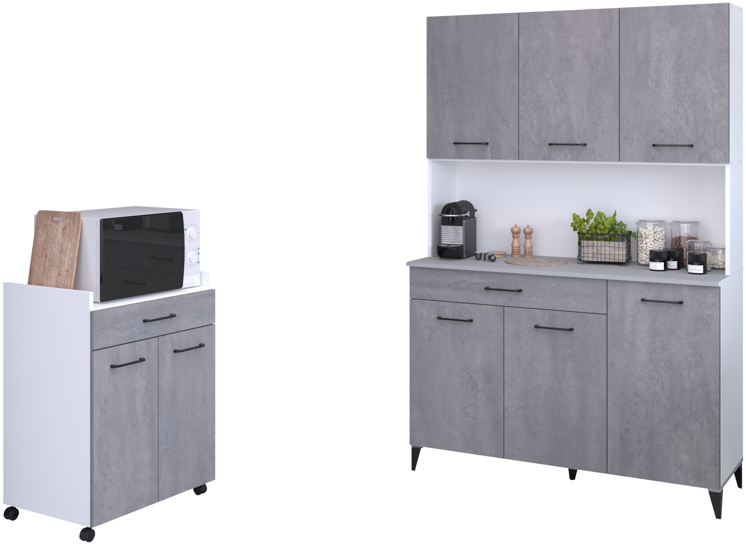 Parisot Schrank-Set »Parisot Malice 2«, (2 St., Buffet und Beistellschrank auf Rollen), Beton Optik mit schwarzen Griffen/Füssen