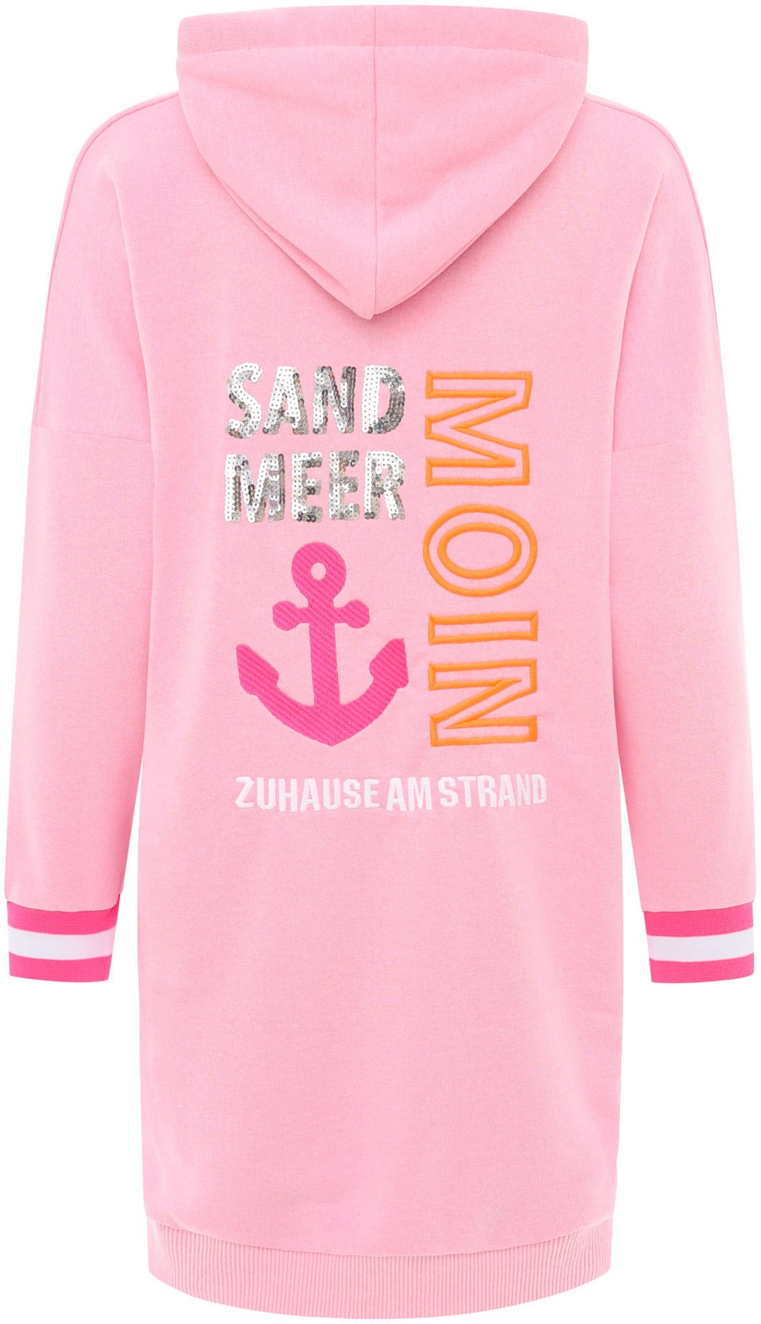 Zwillingsherz Sweatkleid »"Zuhause am Strand"«, mit Kapuze, Taschen, Front und Backmotiv und Bündchen mit Neonstreifen