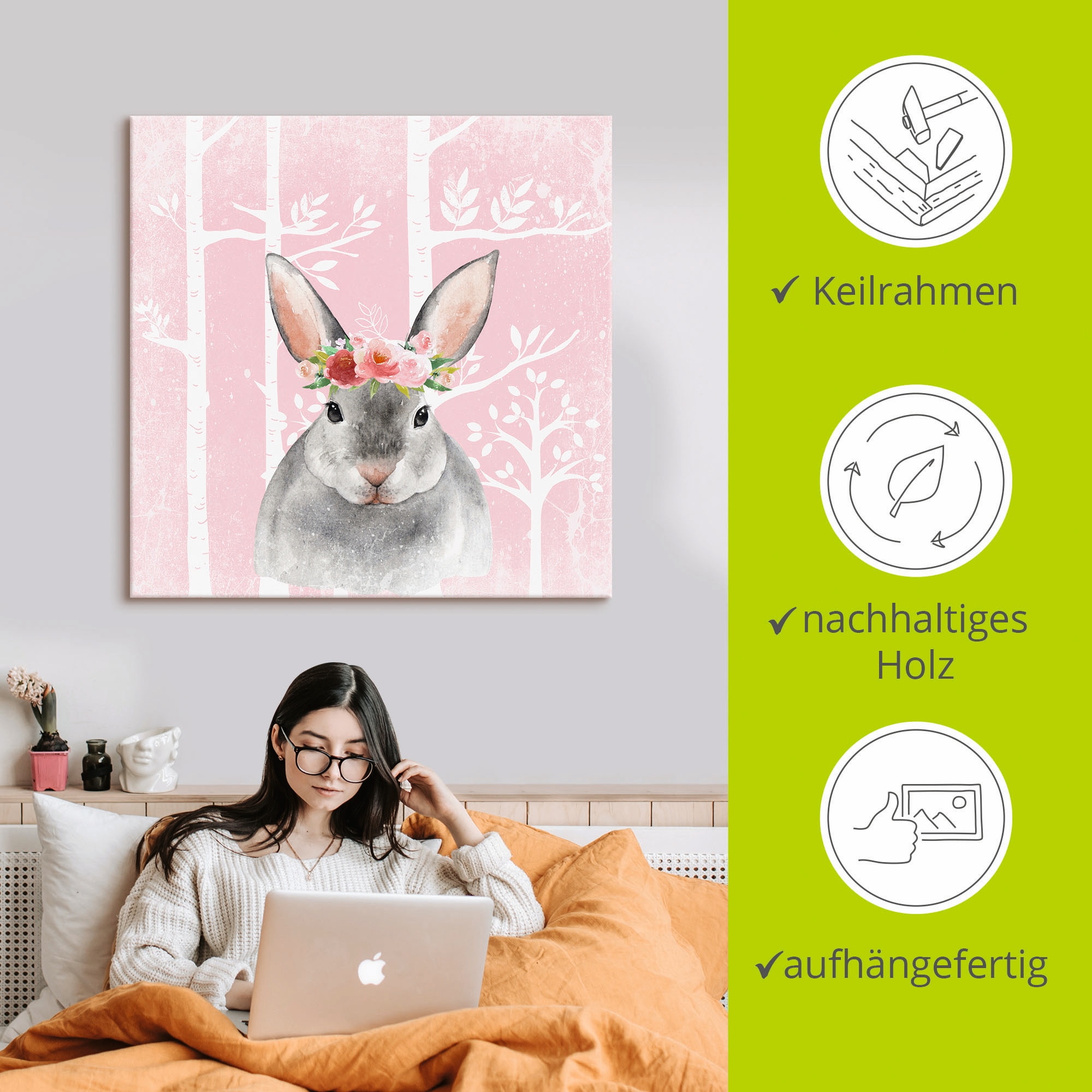 Artland Tableau sur toile »Hase mit Blumen im pink Wald« Animaux 1 cuis tlg. auf Holzrahmen gespannt