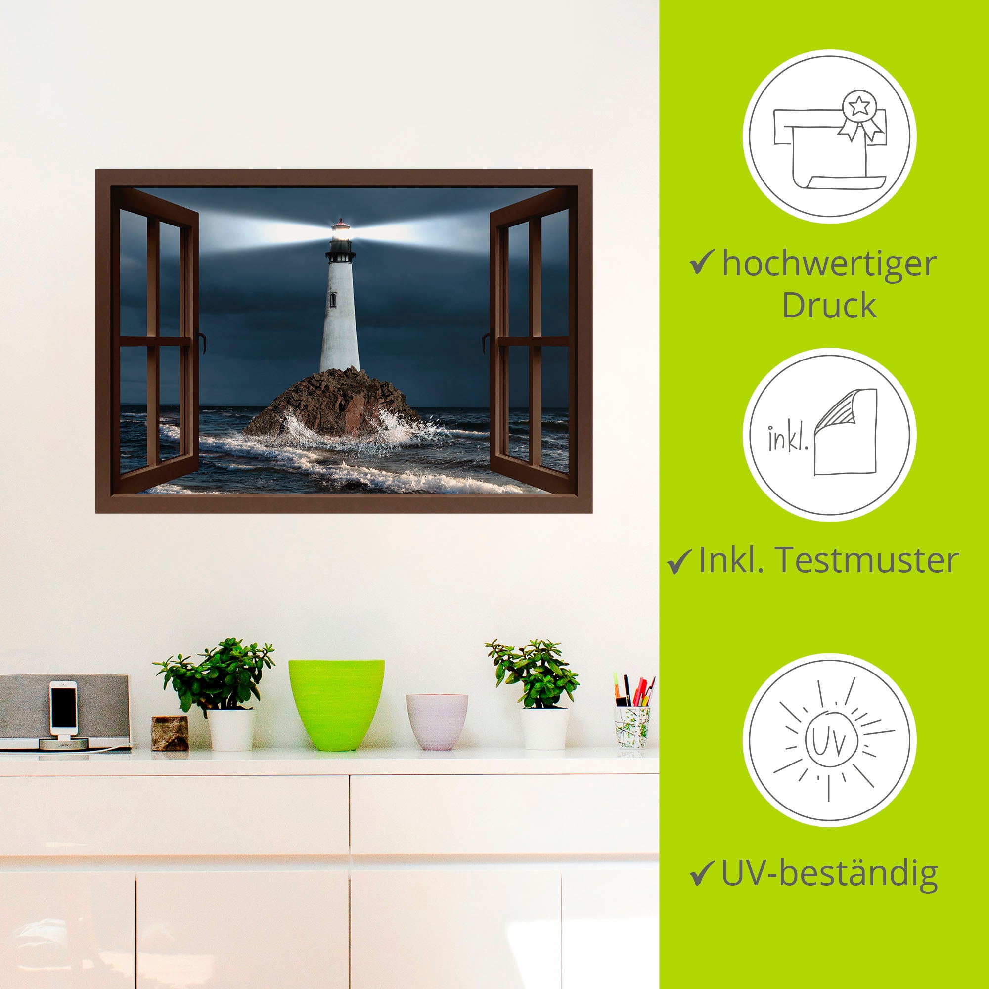 Artland Wandbild »Fensterblick Leuchtturm mit Lichtstrahl«, Gebäude, (1 St.), als Leinwandbild, Wandaufkleber in verschied. Grössen