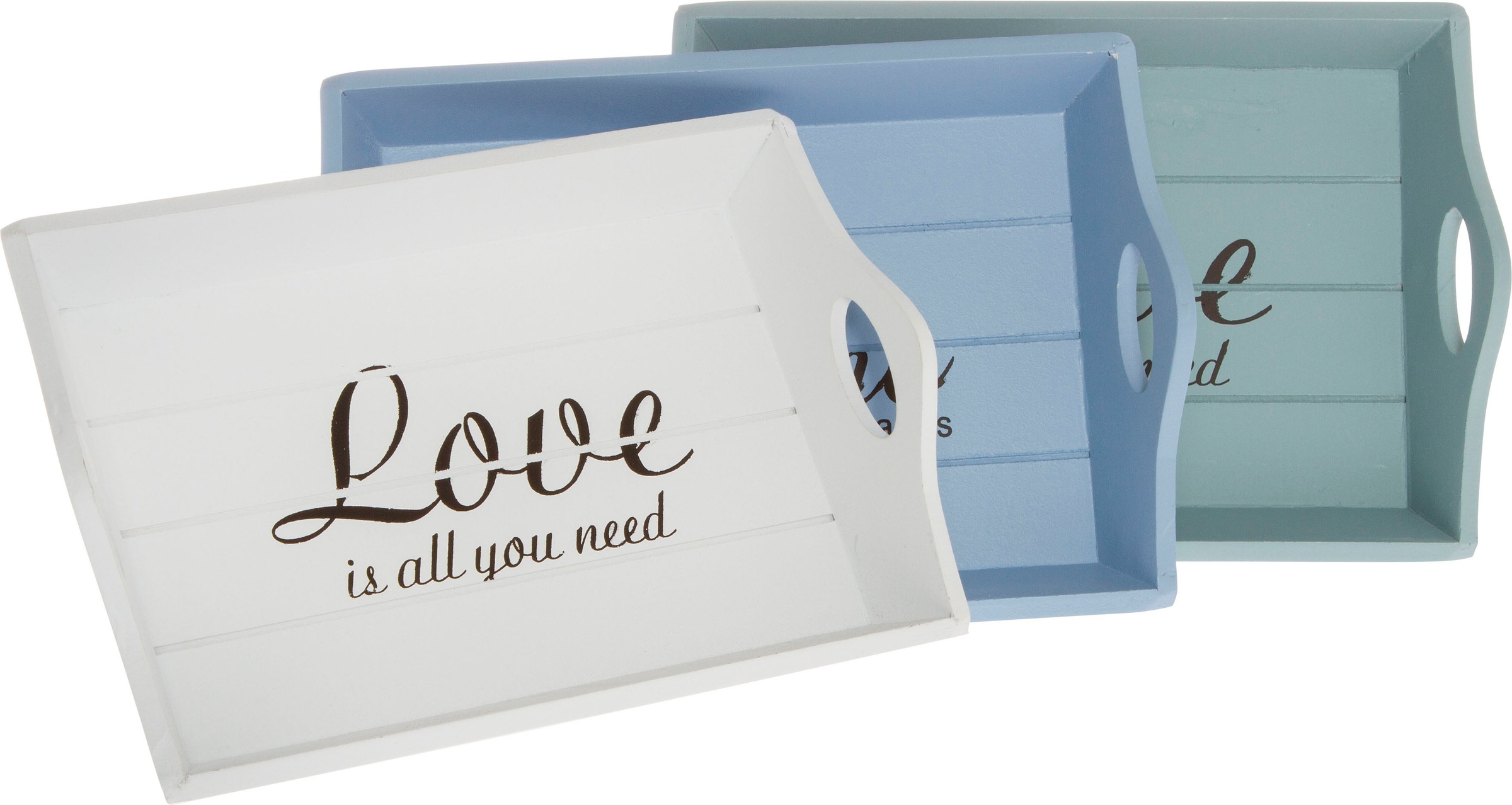 Image of Myflair Möbel & Accessoires Tablett »Love is«, (Set, 3 tlg.), Dekotablett mit Schriftzug, Shabby Optik bei Ackermann Versand Schweiz