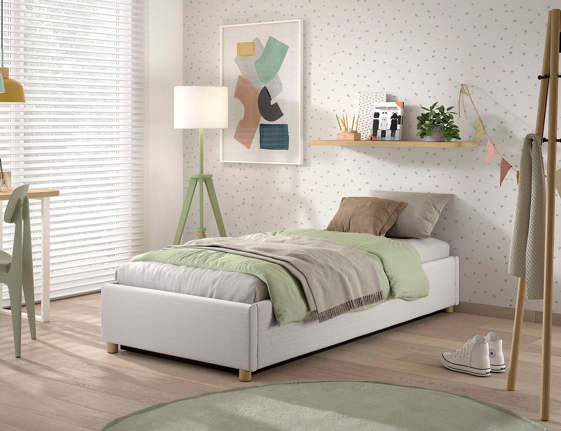 Vipack Chaise longue rembourrée »Moon, ideal unter Dachschrägen einsetzbar, Bettkasten bietet Stauraum« Massivholzfüsse, Bezug mit flauschigem Bouclé Stoff wahlweise 3 Farben