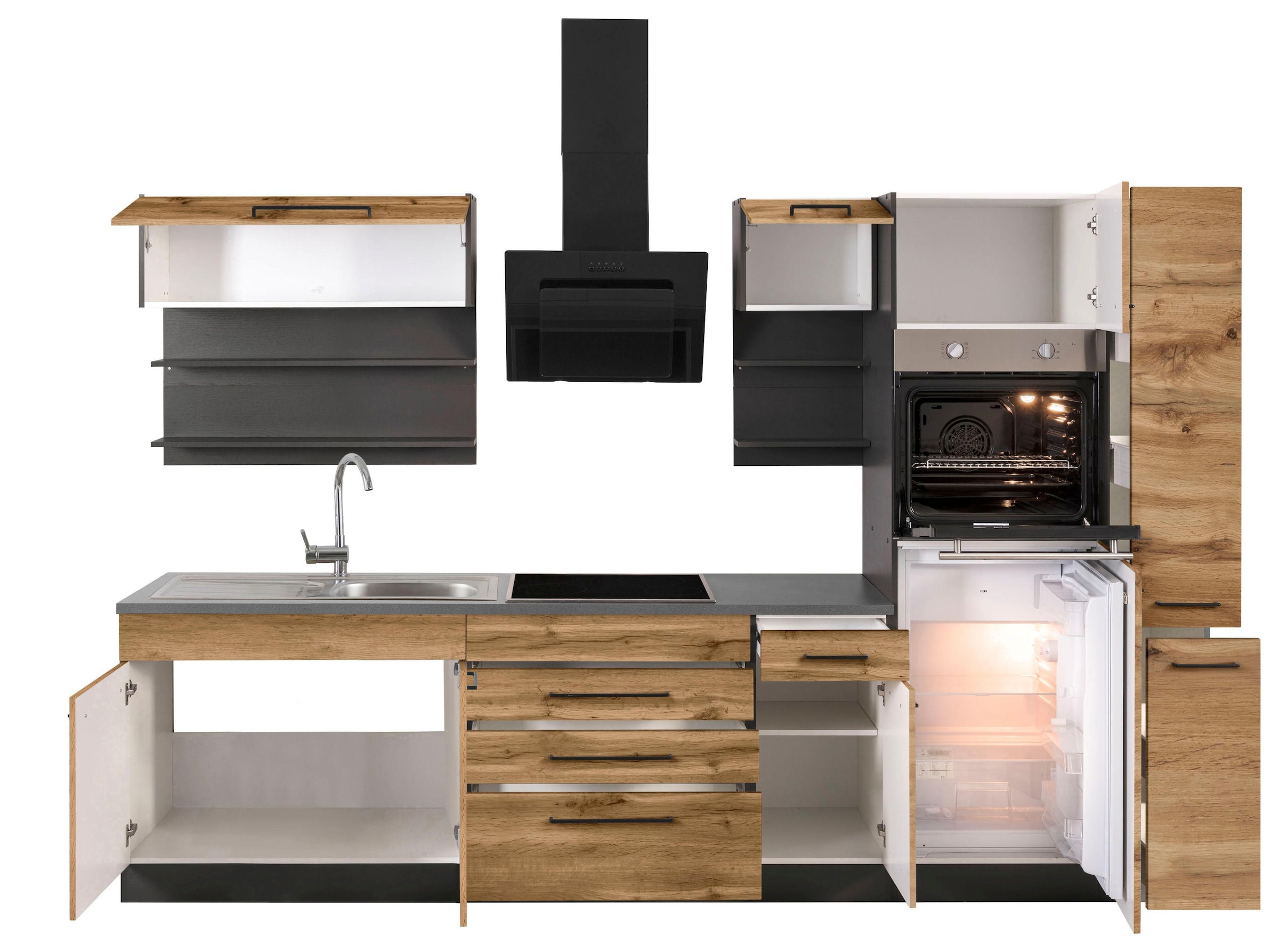 KOCHSTATION Küchenzeile »KS-Tulsa« ohne E-Geräte, Breite 320 cm, schwarze Metallgriffe, MDF Fronten