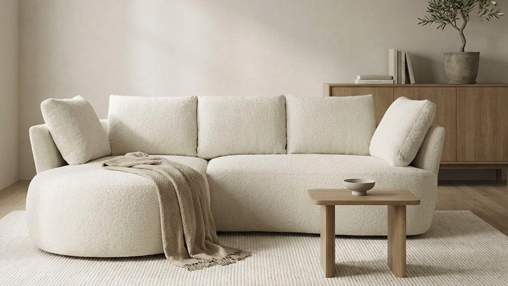 Image of DOMO collection Ecksofa "Lumin, B/T: 267/170 cm, abgerunde Form, charmantes Design, cozy chic" Mit Federkern und 5 Rückenkissen ausgestattet