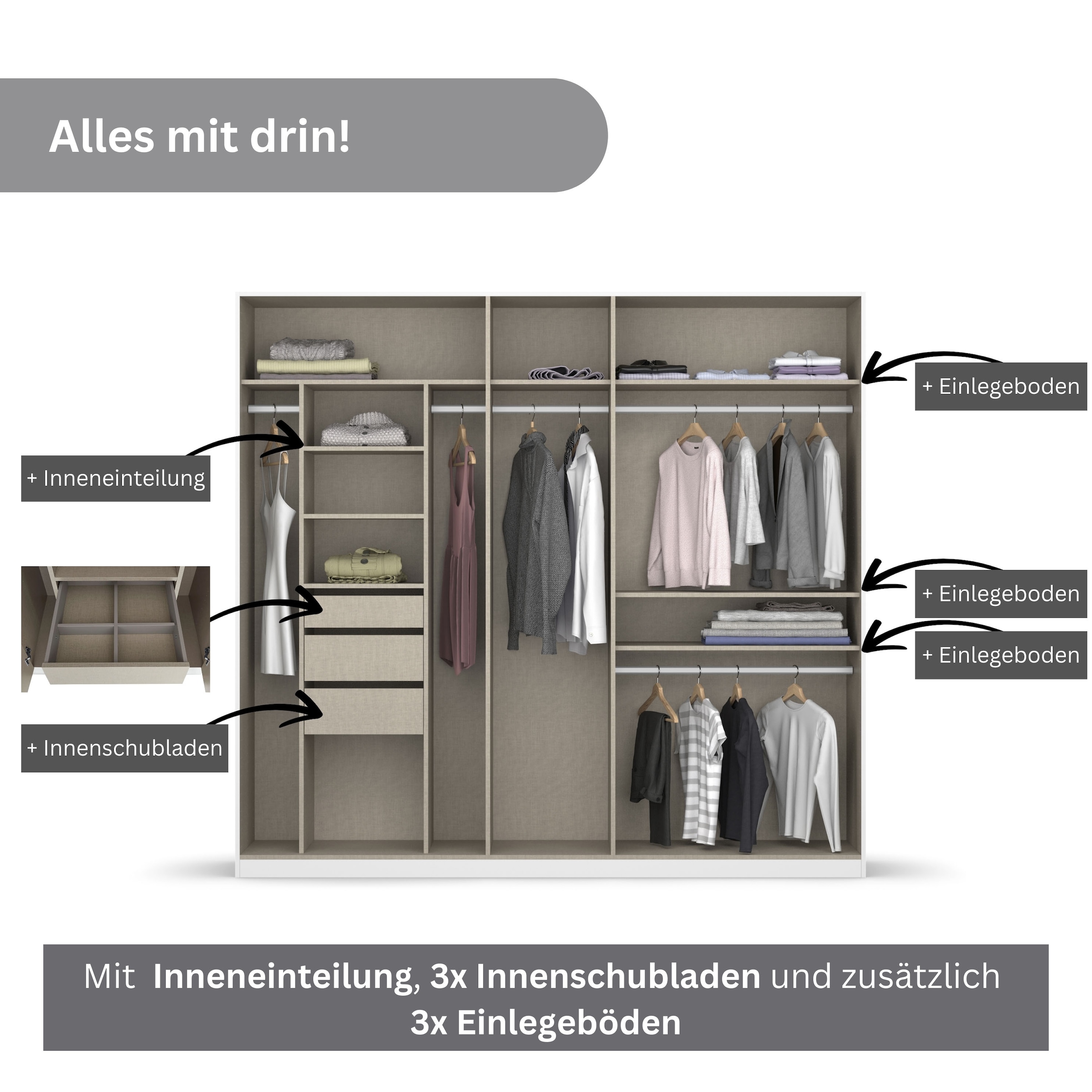 GOODproduct Kleiderschrank »Mehrzweckschrank Aktenschrank Möbel Mietswohnung Schlafzimmer OTELI« erhältlich in Breiten 230/275 cm inkl. Innenschubladen und extra Böden,  inkl. Passepartout optional mit Beleuchtung MADE IN GERMANY