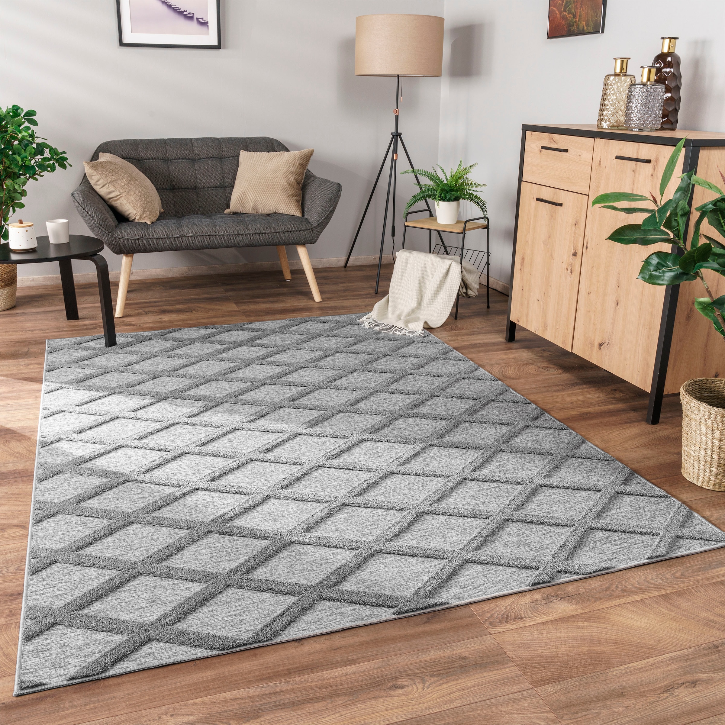 Paco Home Teppich »Utrecht 642« rechteckig 4 mm Höhe Kurzflor, Uni Farben, 3D-Design, Rauten Muster, Hoch-Tief Effekt