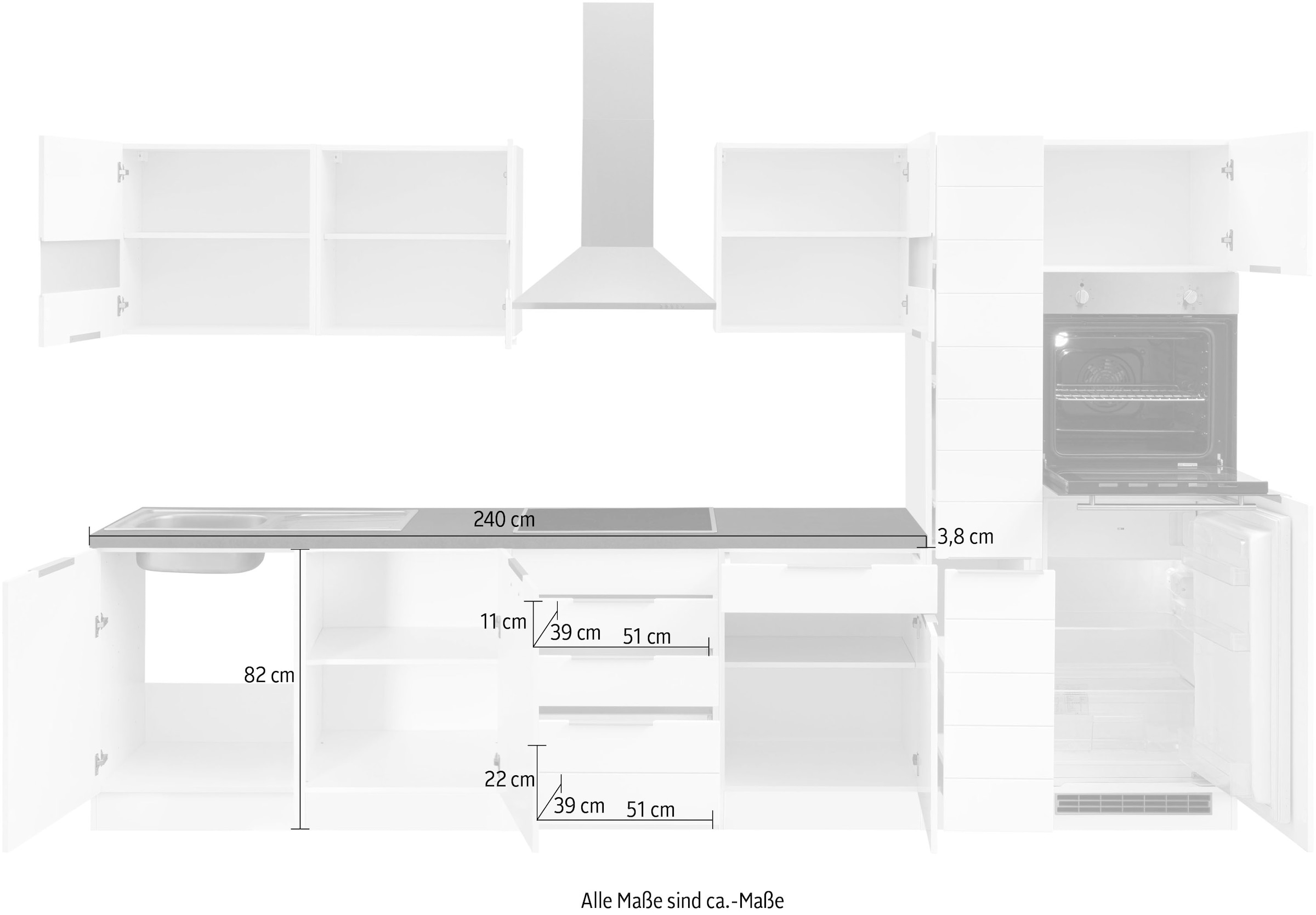 KOCHSTATION Kitchenette »KS-Luhe« largeur 330 cm, avec ou sans appareils électroménagers au choix, façades en MDF fraisées