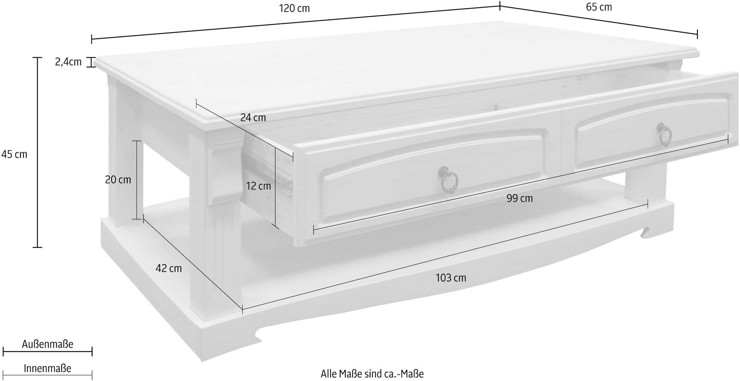 Home affaire Couchtisch »Anna«, (Gesamtmasse (B/T/H): ca. 120/65/43 cm), Kaffeetisch mit Schublade und Ablage, Massivholz, FSC®