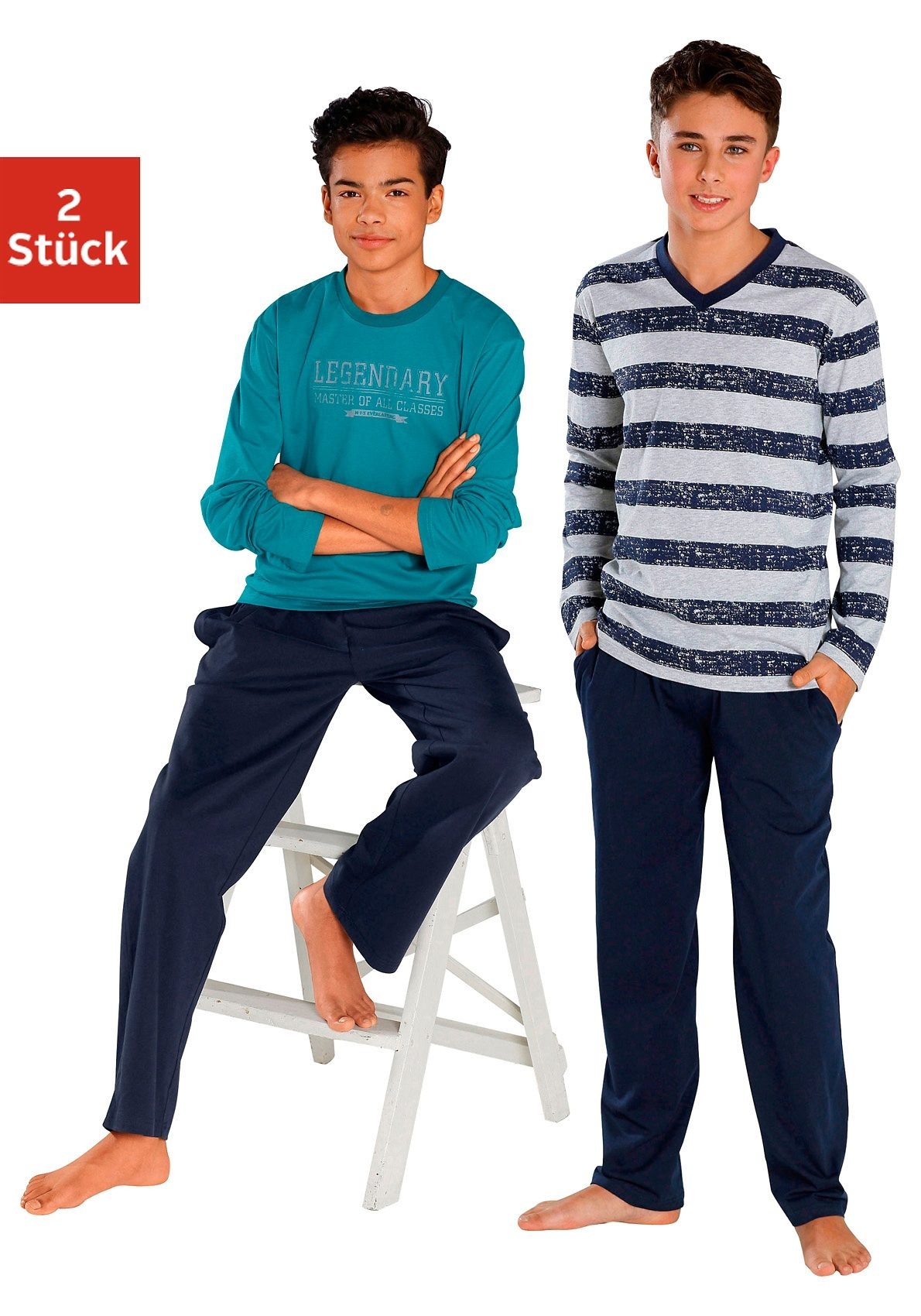 Image of le jogger Pyjama "mit Streifen und Print" 2 Stück, 4 in langer Form