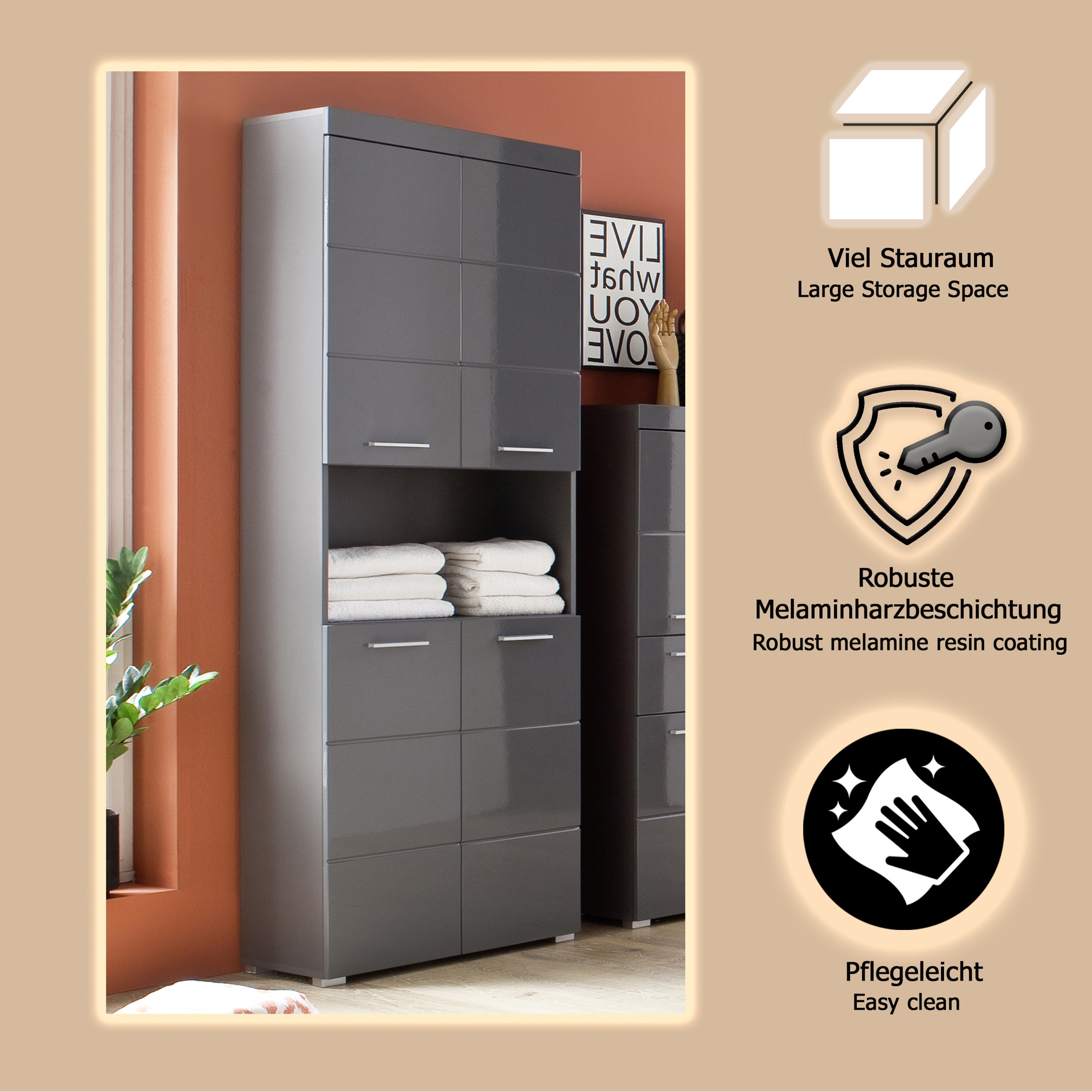 welltime Armoire haute »Avena« Badschrank 4-türig mit o. Fach und 4 Einlegeböden - B/T/H 73/31/190 cm