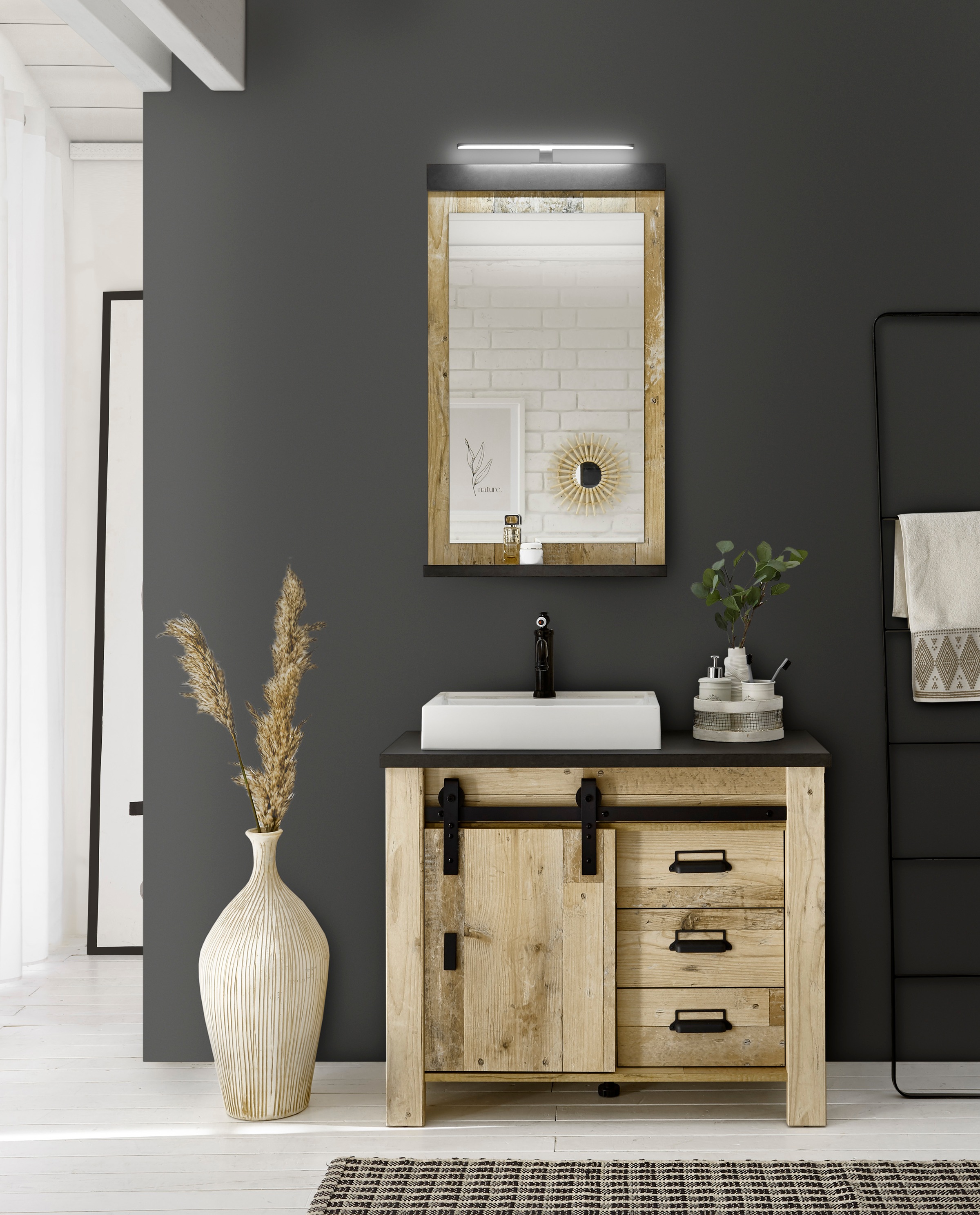 Home affaire Badmöbel-Set »SHERWOOD, Bad im modernen Design, 2-teiliges Badezimmer«, (2 St.), in 2 Farben verfügbar, Scheunentorbeschlag & Apothekergriff aus Metall