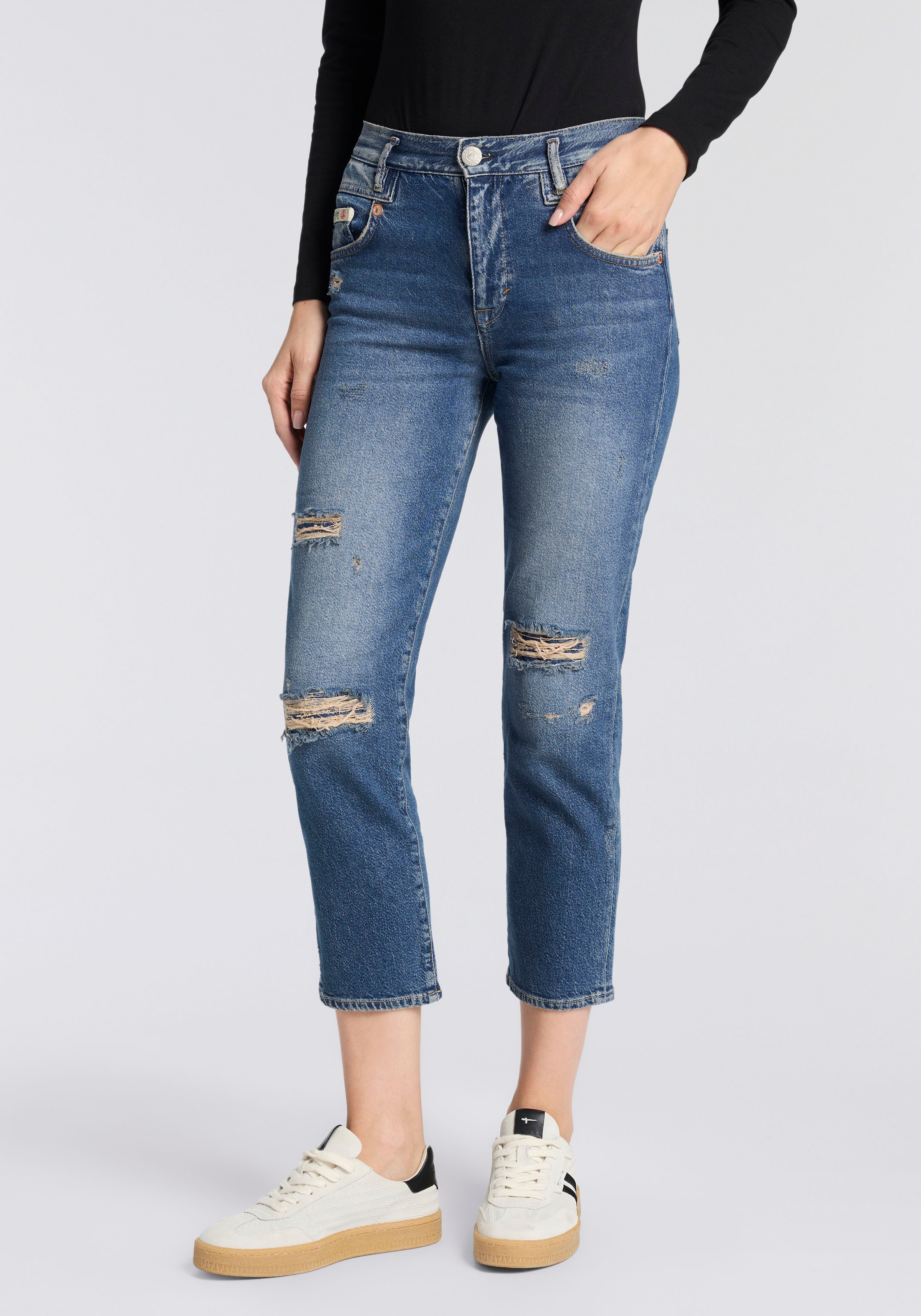 Image of Herrlicher 5-Pocket-Jeans "Breezy Cropped Denim" Straight Fit mit Destroyed-Effekten