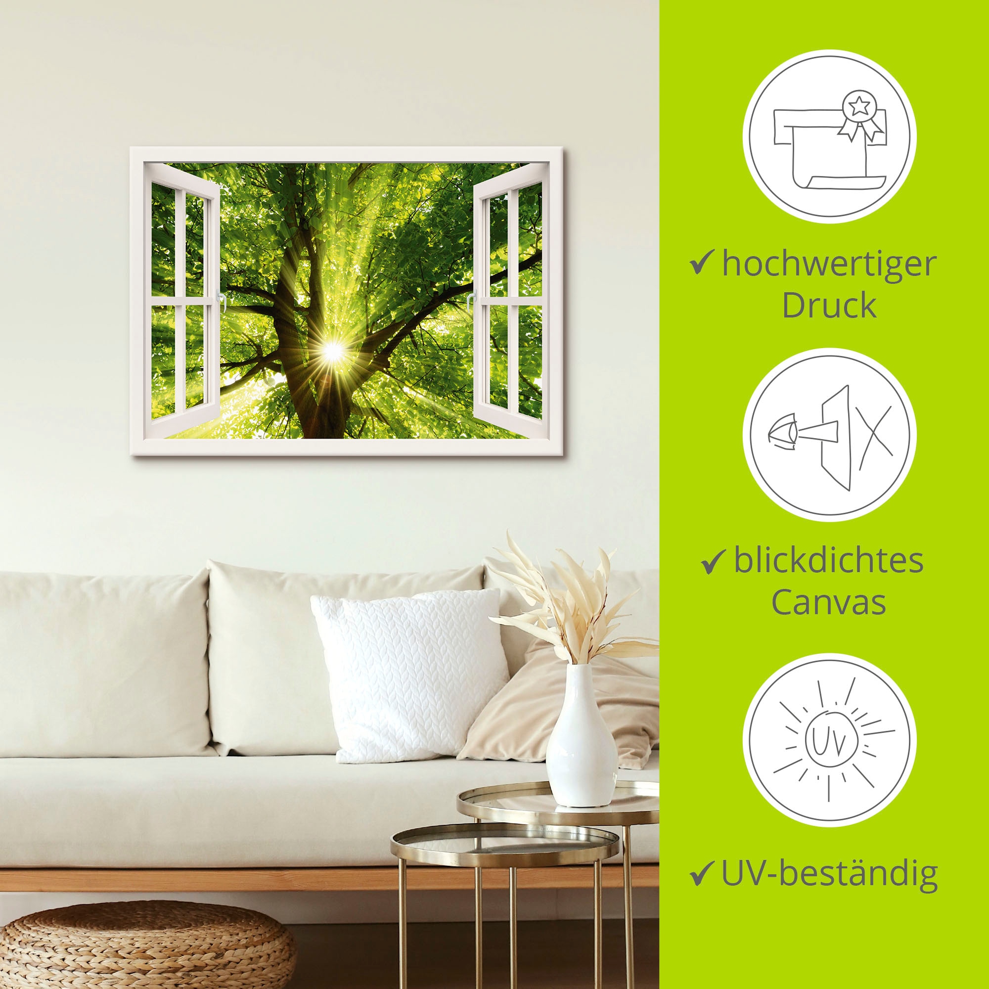 Artland Leinwandbild »Fensterblick Sonne strahlt durch Baum«, Bäume, (1 St.), auf Keilrahmen gespannt