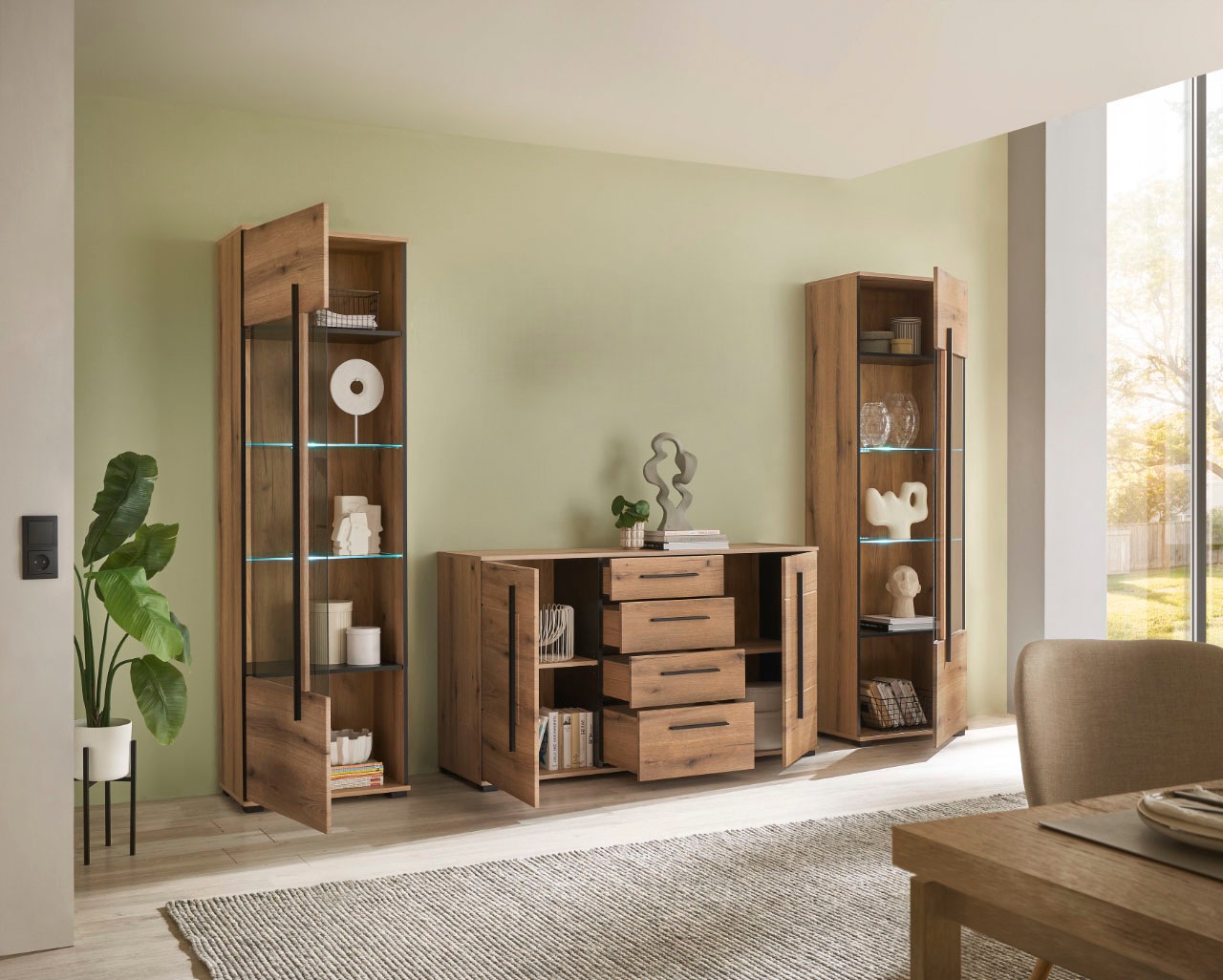 INOSIGN Wohnwand »Cantara, moderne Anbauwand, Wohnzimmer-Set, in Eiche Evoke oder Weiss«, (Set), enthält zwei Vitrinen und ein Sideboard
