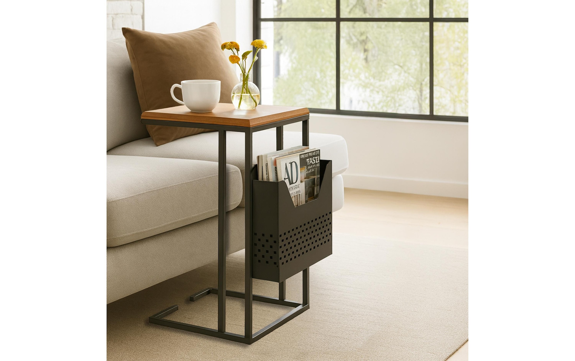 relaxdays Table d'appoint »in C-Form Mango 63 x 30« Couchtisch mit Zeitungsablage aus Mango Holz