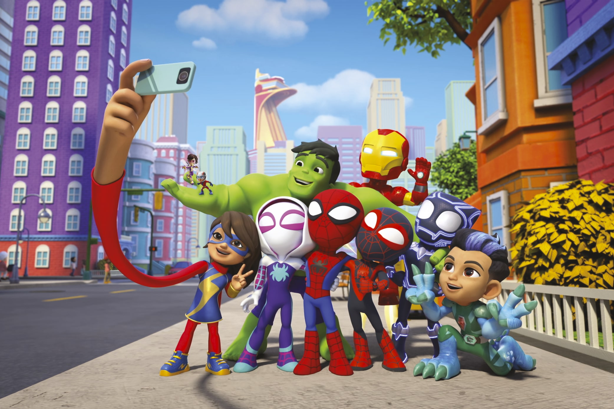 Image of Komar Leinwandbild "Spidey and His Amazing Friends Selfie - Grösse 90 x 60 cm" Serien Leinwandbild, 1 Stk. tlg. Keilrahmenbild mit Echtholzrahmen, Kinderzimmer