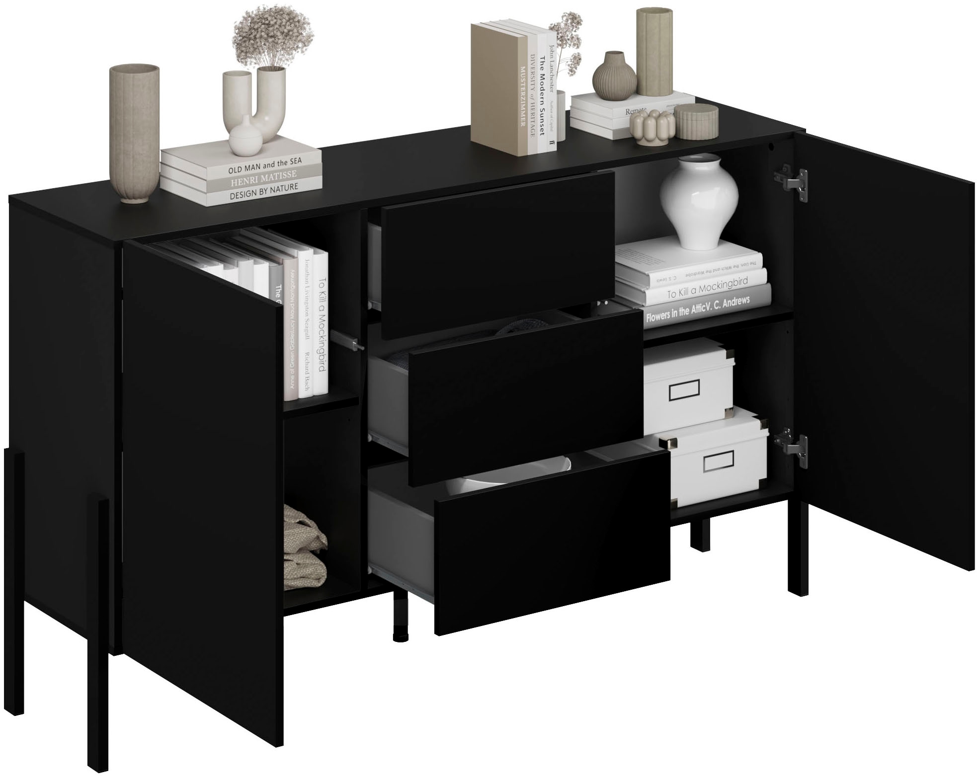 GOODproduct Buffet »Jukon, Breite 150 bzw.180 cm, moderne grifflose Kommode« Schubladenschrank 2 Türen/3 Schubkästen, push-to-open-Funktion