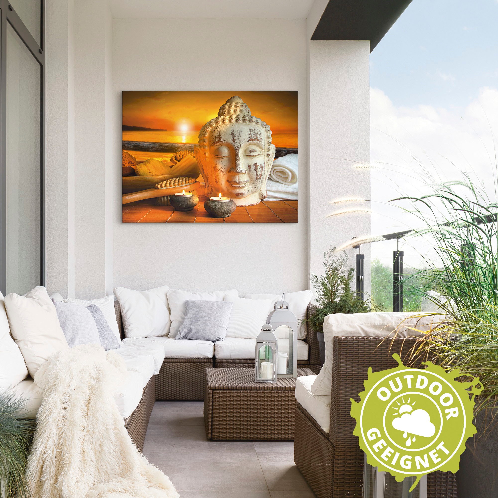 Artland Wandbild »Bad-Zubehör mit Buddha-Statue«, Religion, (1 St.), als Alubild, Outdoorbild, Leinwandbild, Wandaufkleber, versch. Grössen