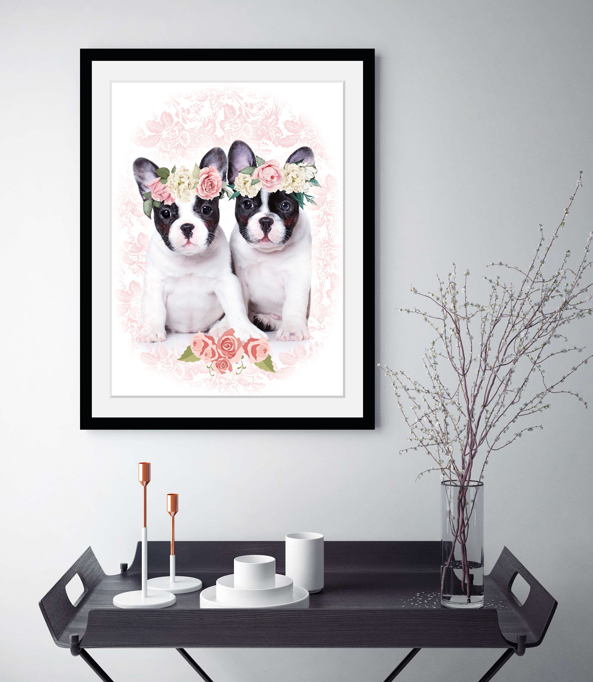 Image of queence Bild "Zwillinge" Blumen Haustiere Hunde Hundebilder 1 Stk. tlg. HD Premium Poster-Druck inkl. Holzrahmen