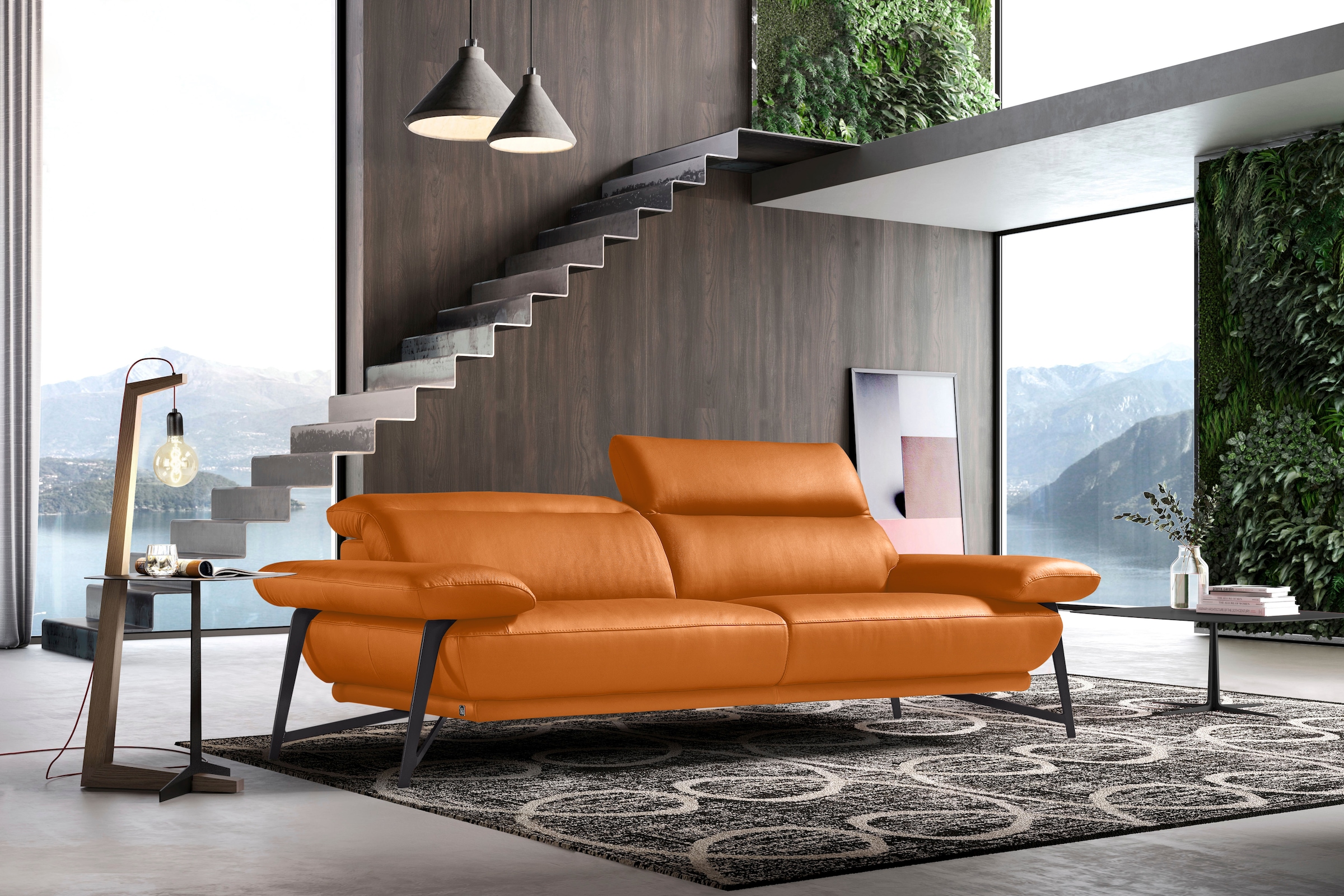 Image of Egoitaliano 2,5-Sitzer "Anais, Designsofa mit erstklassigem Sitzkomfort, Fussfarbe schattengrau" Kopfteil verstellbar, 232 cm, Leder BULL, orange
